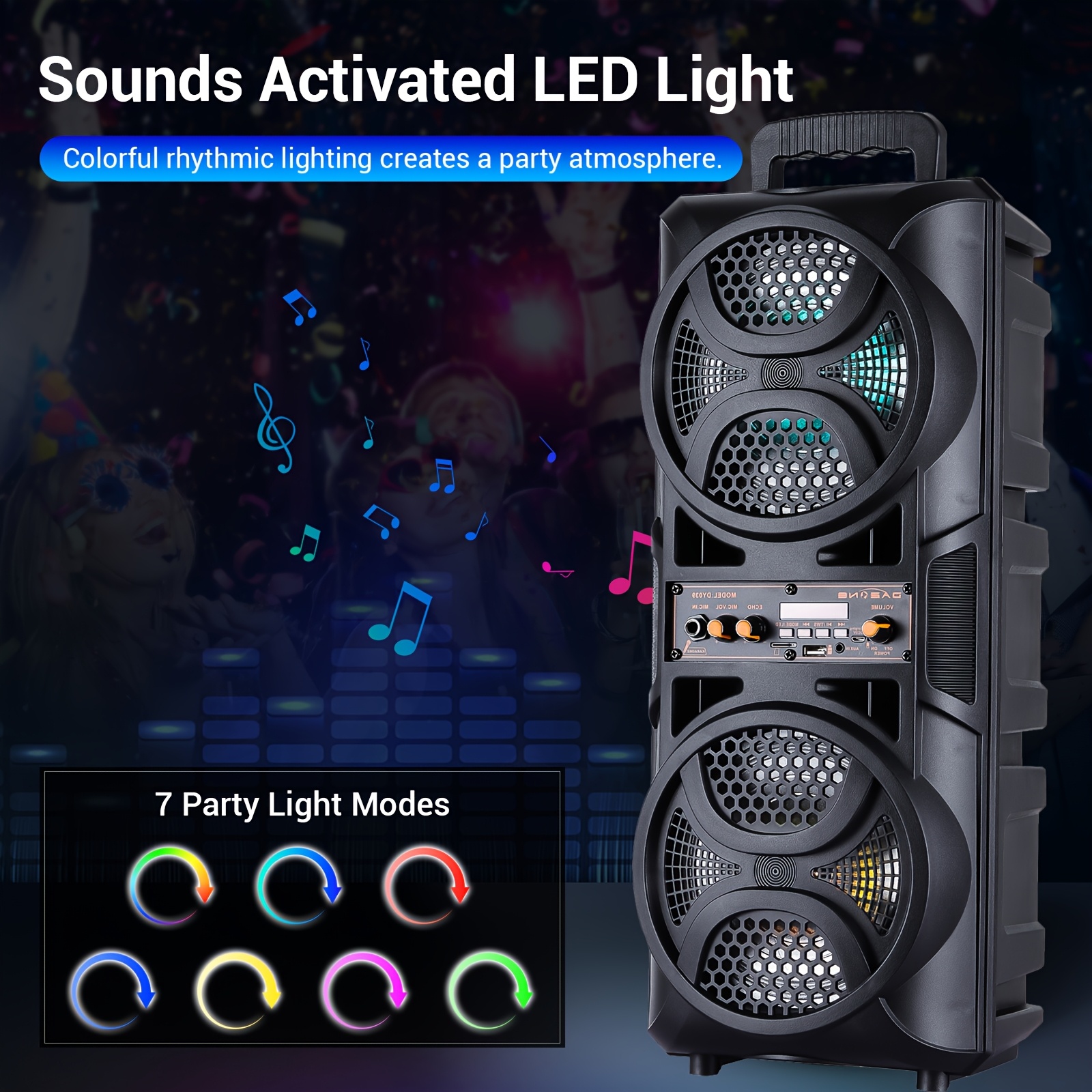 thumbnail video image 2 of Lohoms Portable Wireless Speaker With Microphone, Dual 6.5" Subwoofer Bluetooth Speaker Heavy Bass Stereo Woofer Party Sound PA System, AUX, FM, Remote, LED Light, 2 of 13