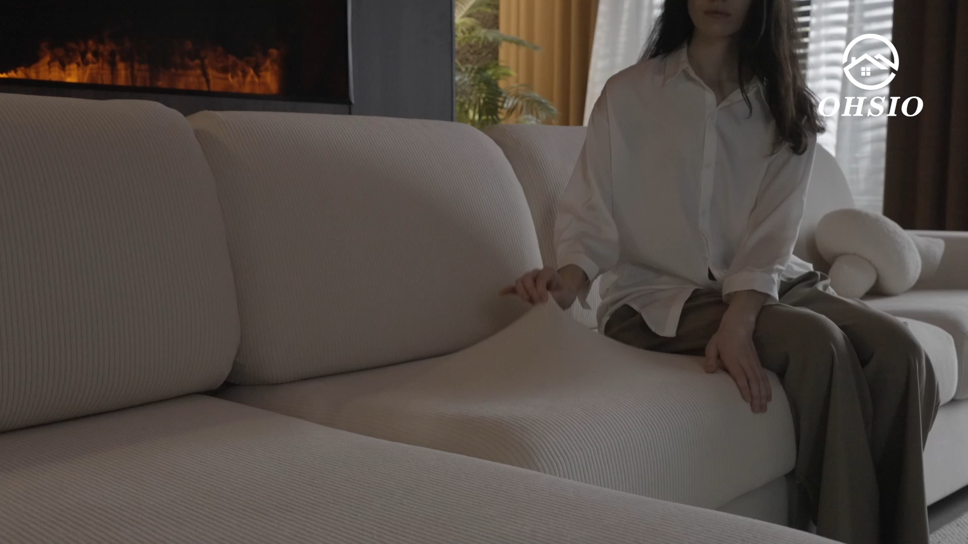 thumbnail video image 2 of OHSIO Sectional Couch Covers, Wear Resistant Stretch Sofa Covers Washable Soft Couch Cushion Covers Anti Slip Furniture Protector Sofa Slipcovers for Pets (1 Piece Oversized Sofa Cover, Ivory), 2 of 9