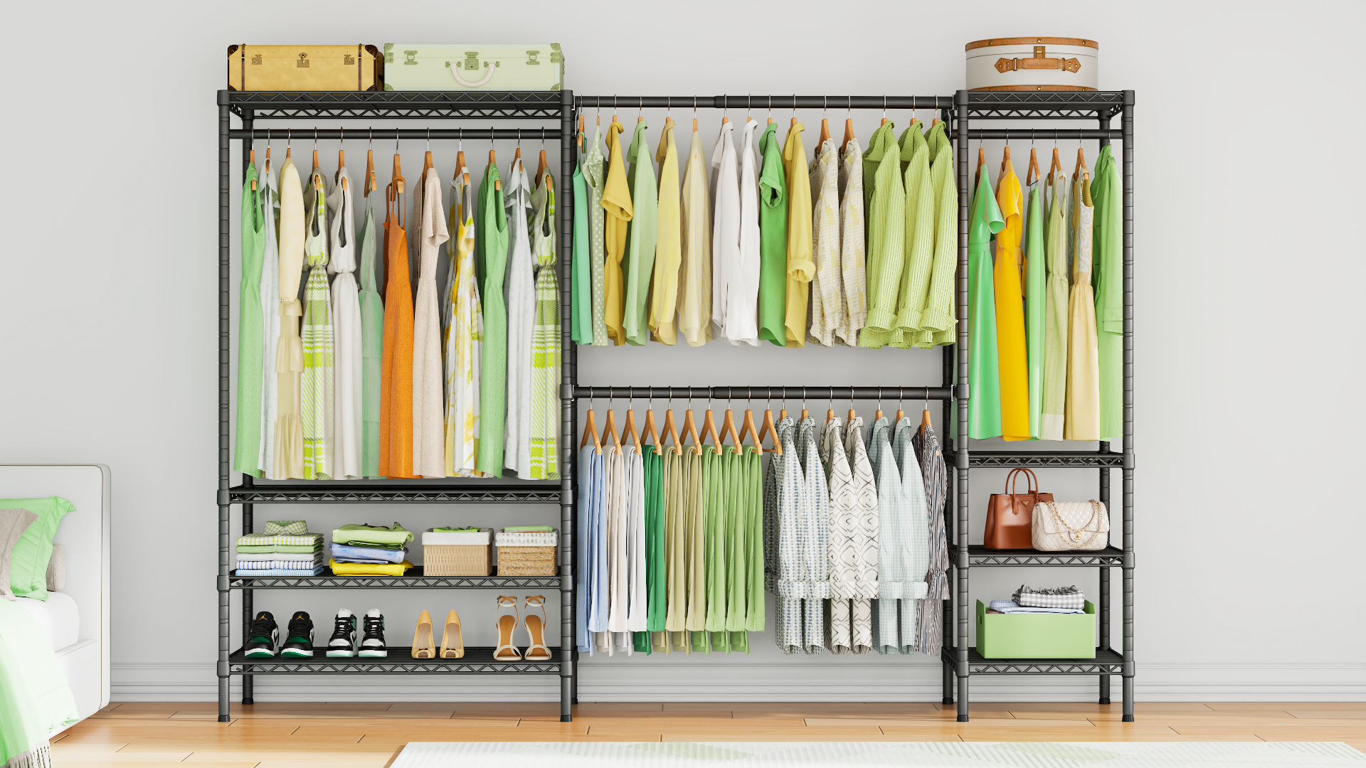 thumbnail video image 2 of Ulif E11 Heavy-Duty Garment Rack, Metal Freestanding Clothes Rack and Closet Storage Organizer System with 8 Shelves and 4 Hanger Rods, (73.2-97.6)" W x 14.5" D x 71.2" H, Load 1034 LBS, Black, 2 of 8