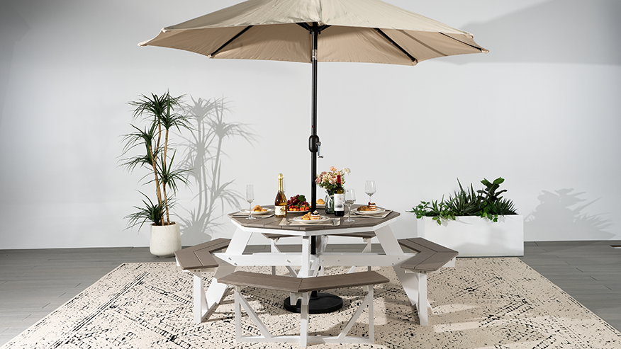 thumbnail video image 2 of WestinTrends Outdoor 48" HDPE 8-Person Patio Octagon Picnic Table, Dark Brown, 2 of 13
