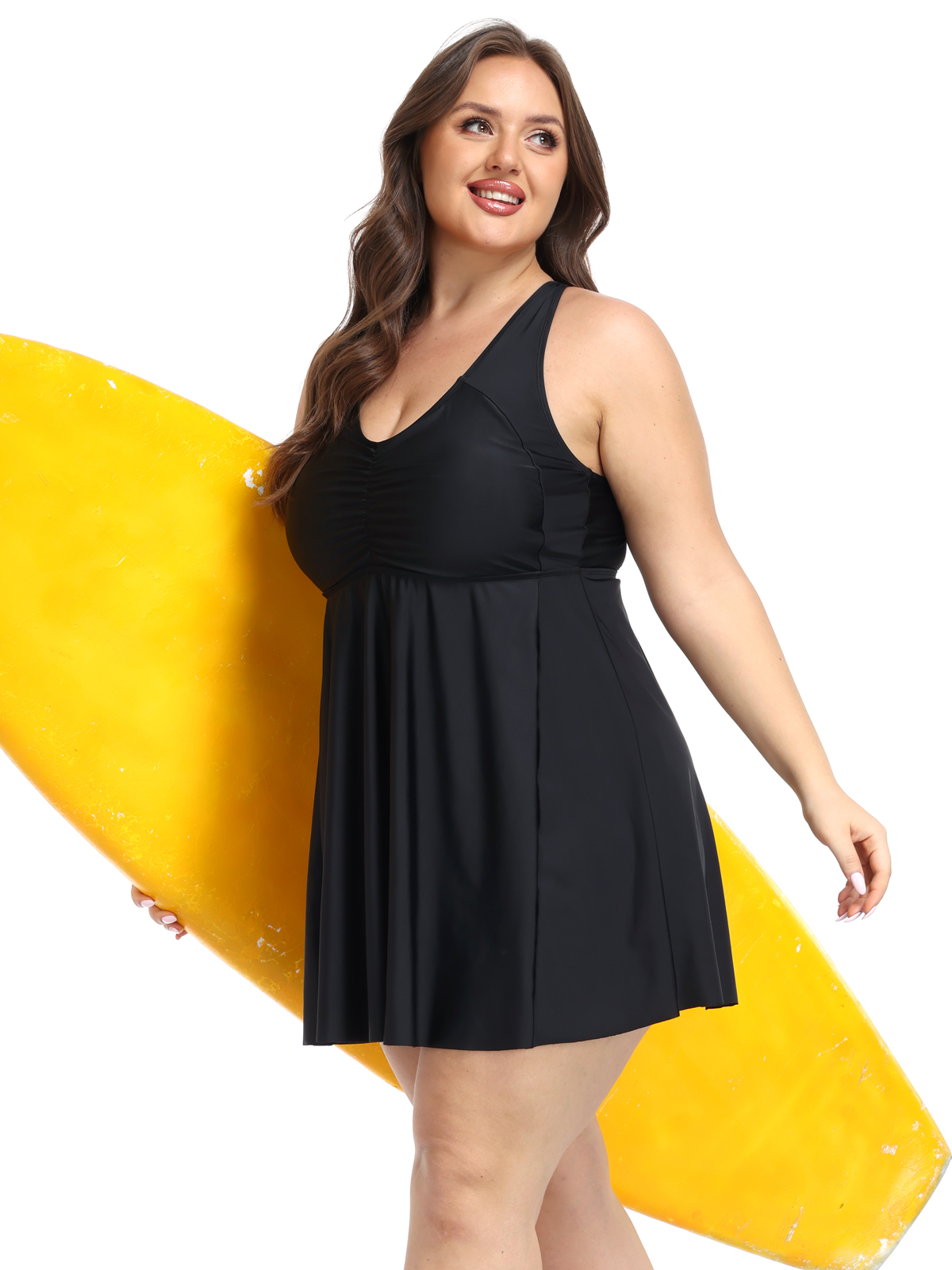 thumbnail video image 2 of RELLECIGA Plus Size Swimwear for Women V Neck Front Shirring One Piece Skirt Swim Dress Bathing Suits, 2 of 11