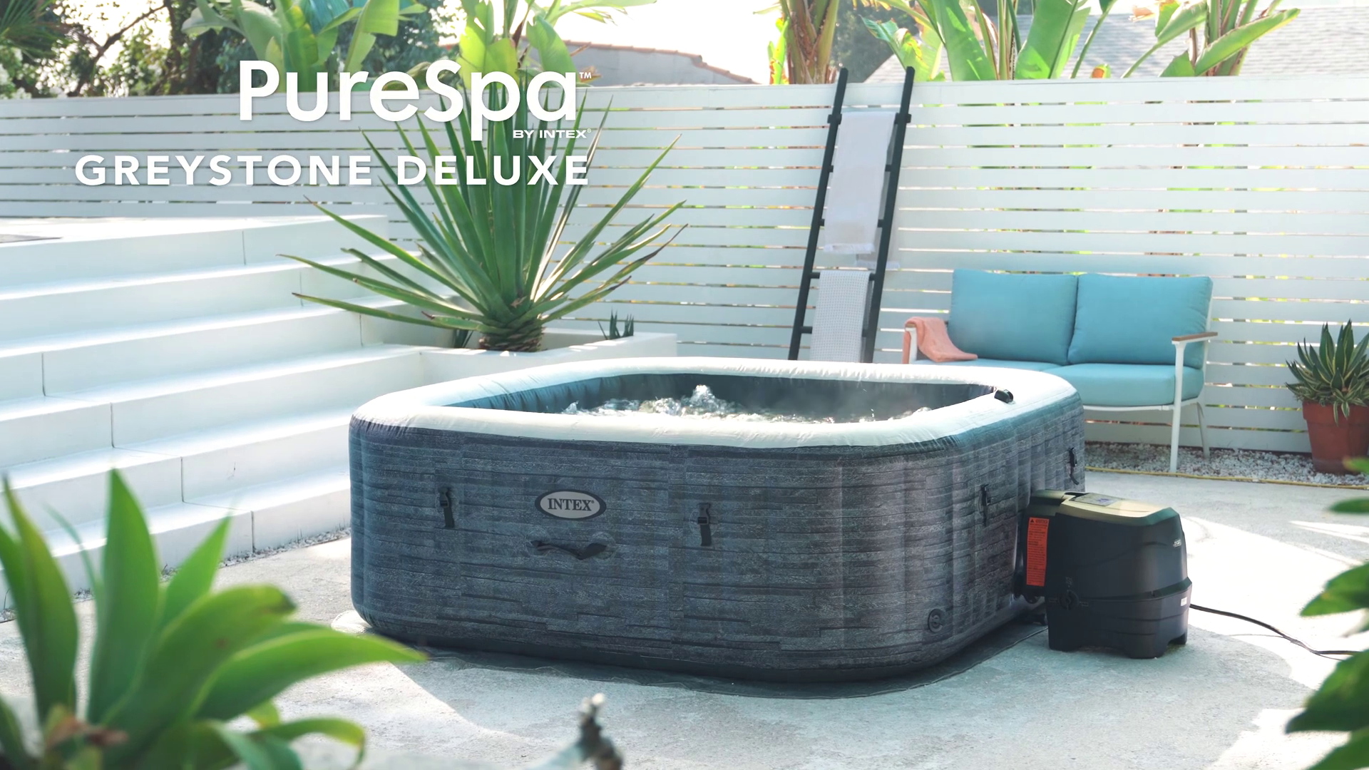thumbnail video image 2 of Intex PureSpa Plus Greystone Hot Tub, 94x28", w/ Filter Cartridge (12 Pack), 2 of 13
