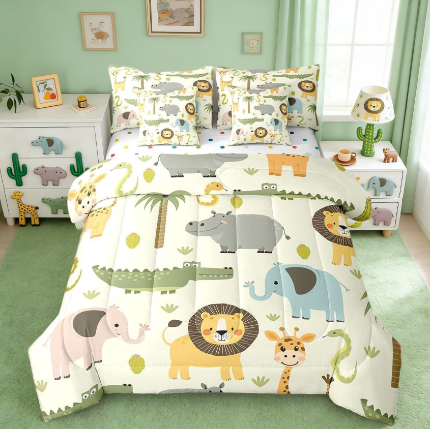 thumbnail video image 2 of Manfei Nature Wildlife Zoo Animal Theme 7-Piece Twin Bedding Sets,Cartoon Lion Giraffe Crocodile Bedding Comforter Set Reversible, 2 of 8