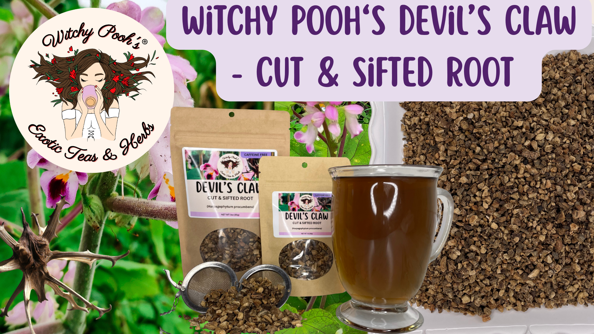 thumbnail video image 2 of Witchy Pooh's Devil's Claw Tea - Cut & Sifted Root, Caffeine Free, 2 of 6
