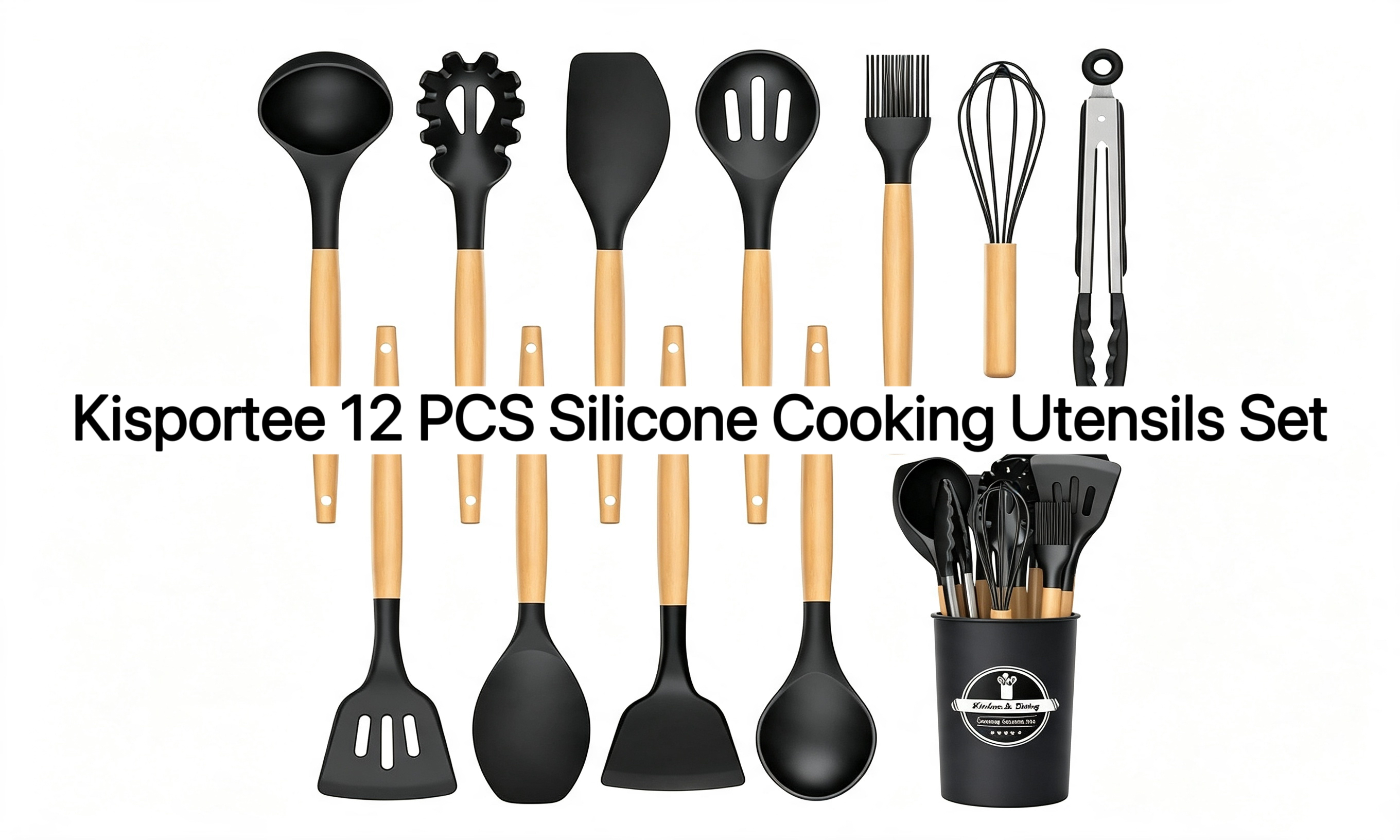 thumbnail video image 2 of Kisportee 12 PCS Cooking Utensils Set - 446°F Heat Resistant Silicone Kitchen Utensils for Cooking, Kitchen Utensil Spatula Set w Wooden Handles,Holder, BPA FREE Gadgets for Non-Stick Cookware (Black, 2 of 9