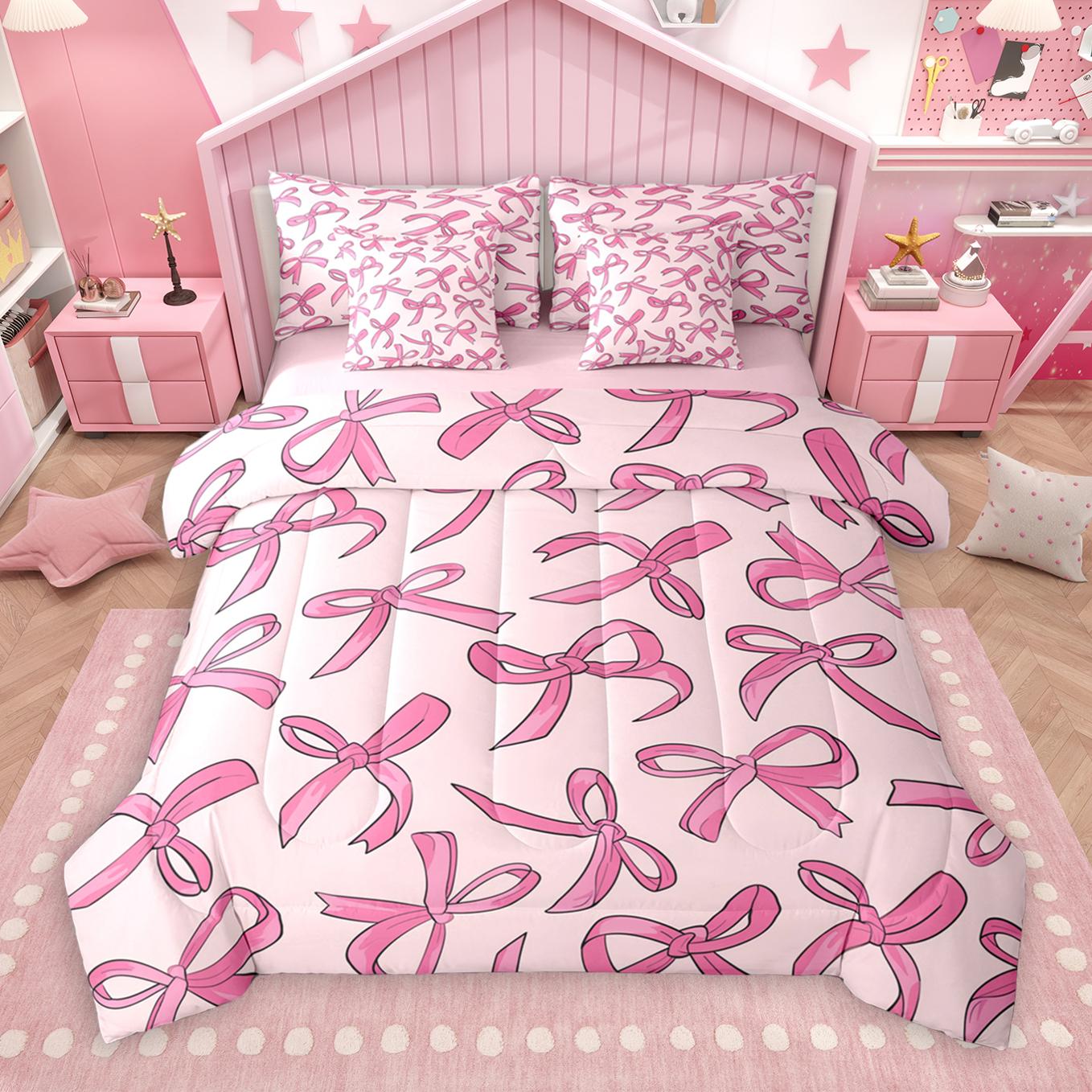 thumbnail video image 2 of Manfei Cartoon Bowknot 7-Piece Twin Bedding Sets,Geometric Polka Dot Bedding Comforter Set,Pink White Sheet Sets For Girls,Microfiber Bedroom Decor Reversible, 2 of 9