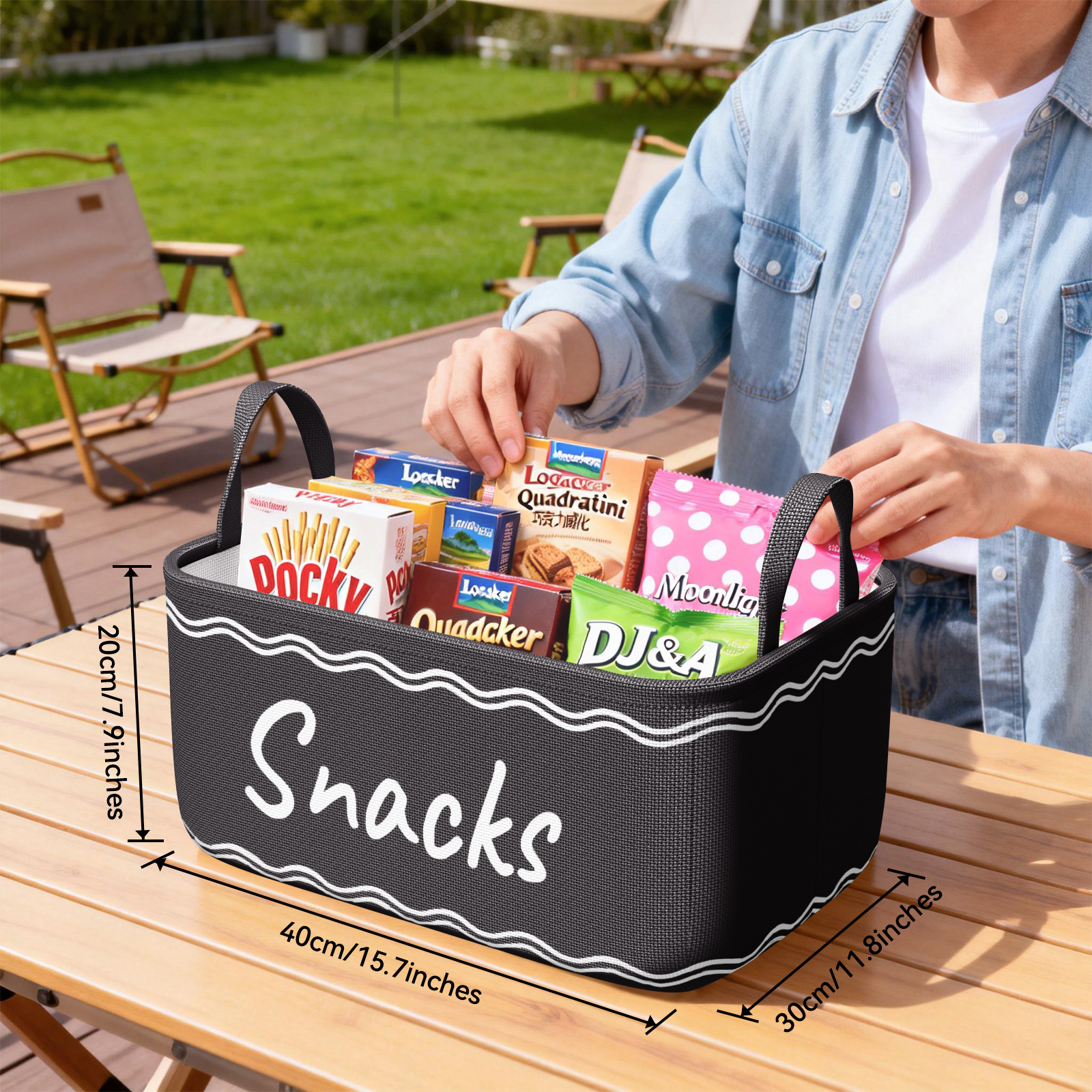 thumbnail video image 2 of Large Snack Basket for Pantry & 5 Seal Clips - Snack Bin Organizer for Countertop - Imitation Linen Snack Storage Containers for Storing Chips, Pretzels, Cookies, Popcorn and more,Black, 2 of 9