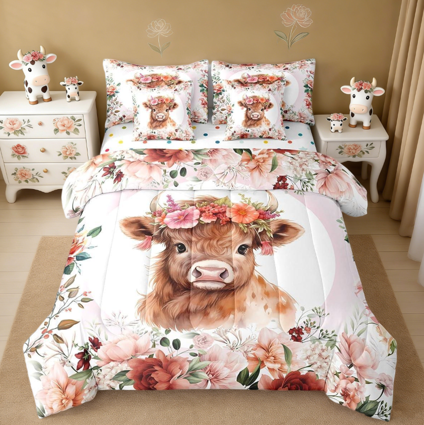 thumbnail video image 2 of Manfei Cute Highland Cow 7 Pieces Bedding Comforter Set,Cartoon Animal Flower Floral Print Farm Theme Full Bedding Set For Teens Reversible, 2 of 8