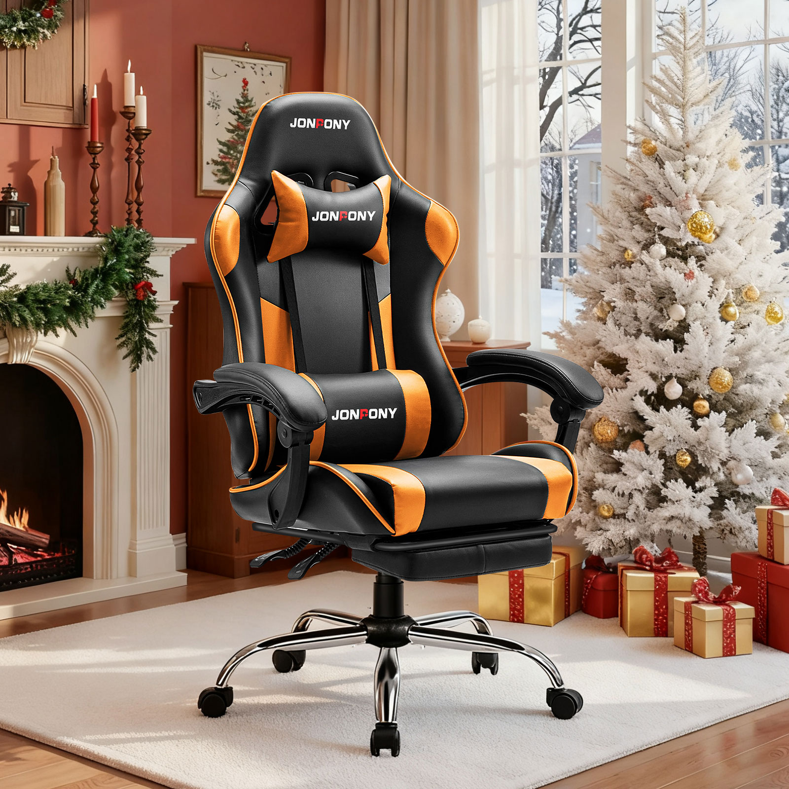 thumbnail video image 2 of JONPONY Big and Tall Gaming Chair, Ergonomic Design, Gamer Chair PU Leather with Footrest and Lumbar Support, High Back Office Chair Support 8 Hours Long Sitting, Computer Chair,Orange, 2 of 10