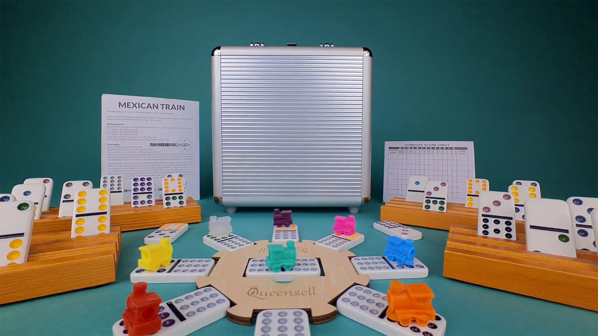 Free Shipping! Queensell Mexican Train Double 12 Dominoes Set with