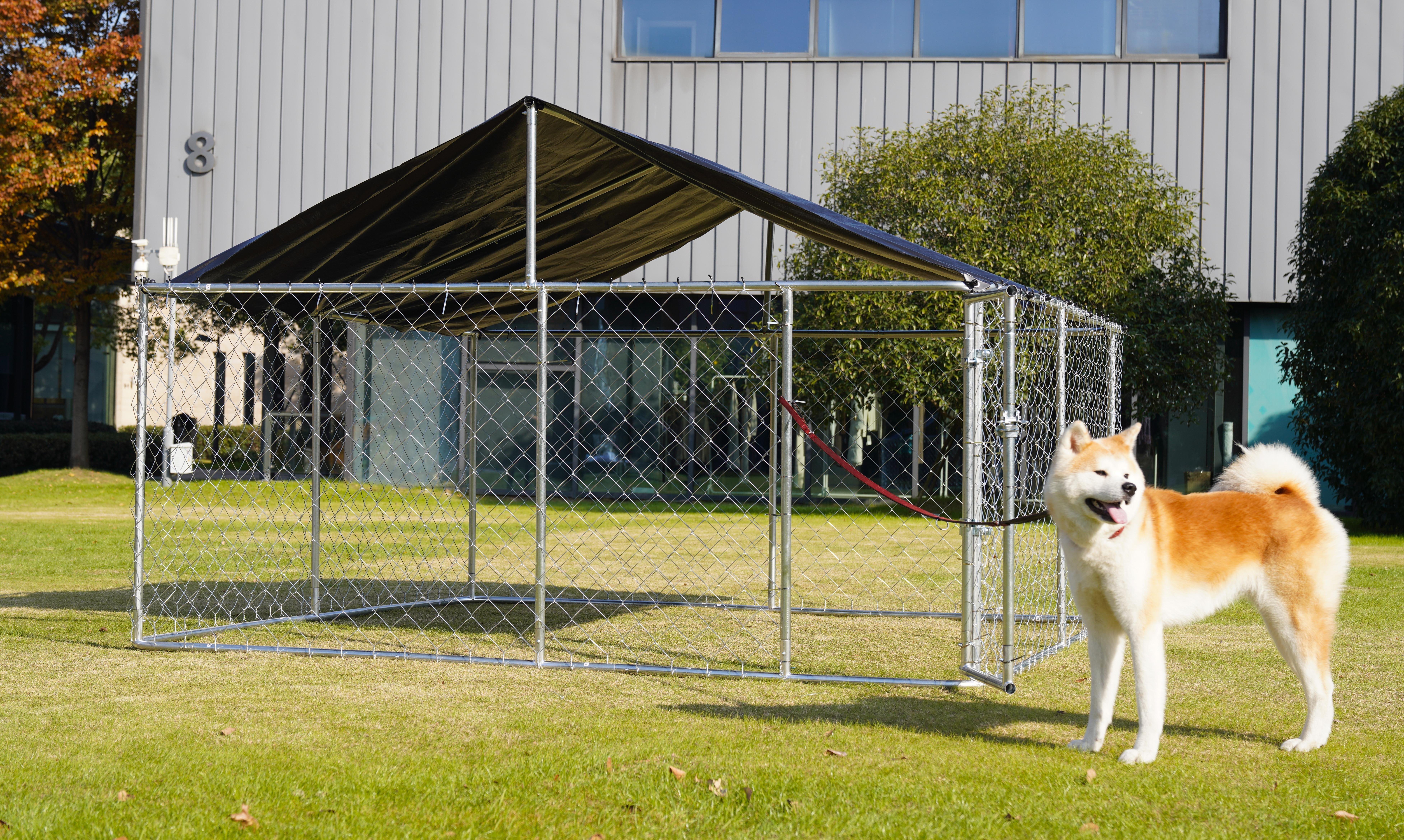 thumbnail video image 2 of Petony Outdoor Dog Kennel Dog Cage  Dog Fence  Heavy Duty Pet Playpen with Large Galvanized Chain Link with UV & Water Resistant Black Proof Cover, 2 of 10