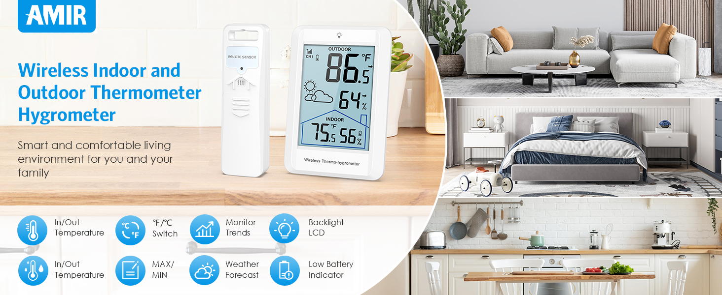 thumbnail video image 2 of Acurite Weather Station, AMIR Indoor Thermometer with 328ft Remote Sensor Outdoor Thermometer Humidity Gauge for Home Greenhouse Office Bedroom, 2 of 11