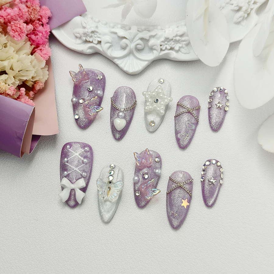 thumbnail video image 2 of 10Pcs Original Design Handmade Shiny Press-On Nails - Purple Glitter Fake Nails with Butterfly & Pearl Accessories, Artisan-Crafted Decorative Nails, 2 of 10
