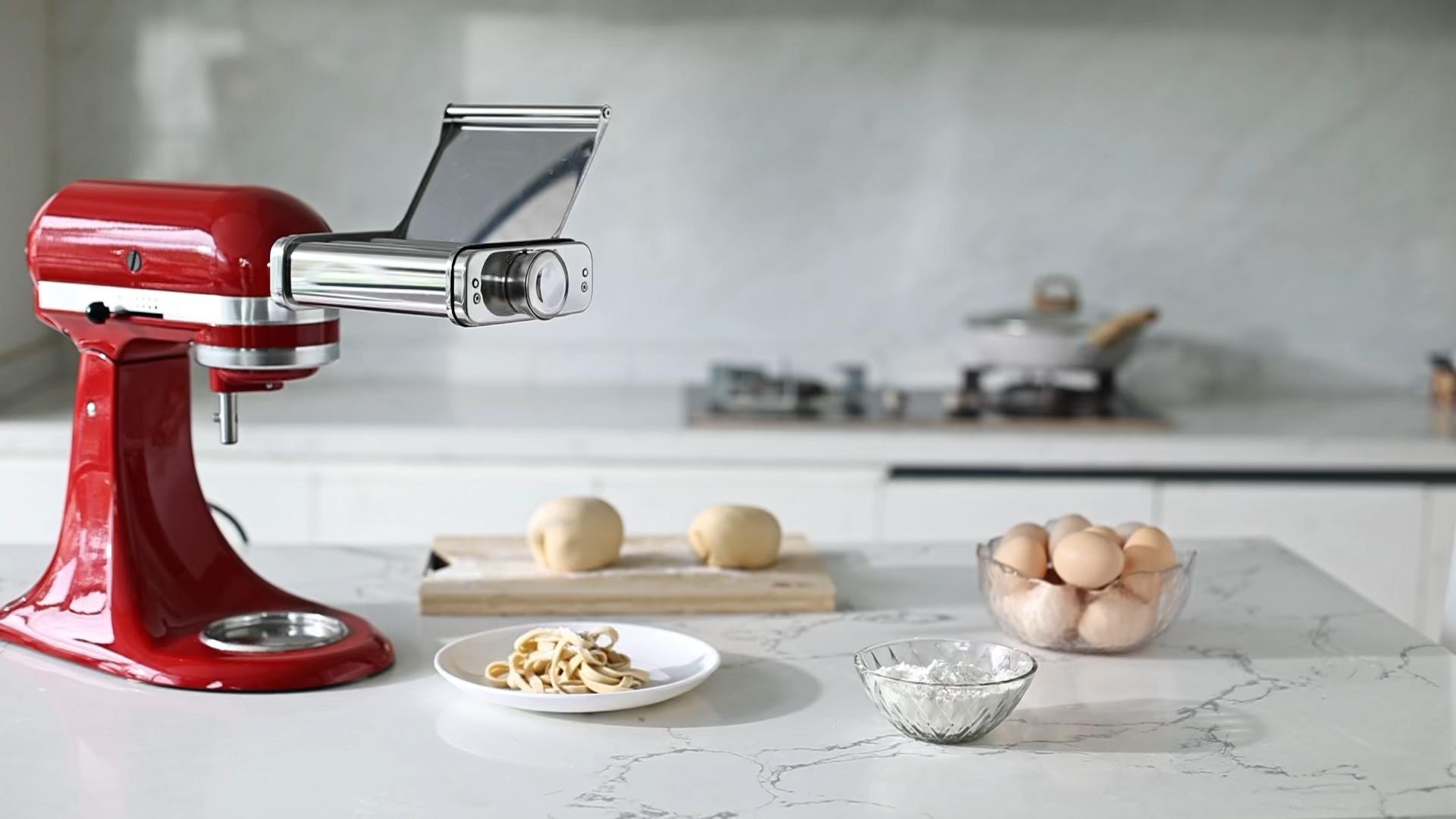 thumbnail video image 2 of 3-in-1 Stainless Steel Pasta Maker Attachment for KitchenAid Stand Mixer - Include Pasta Roller, Spaghetti Cutter & Fettuccine Cutter by TOCOKEID, 2 of 8
