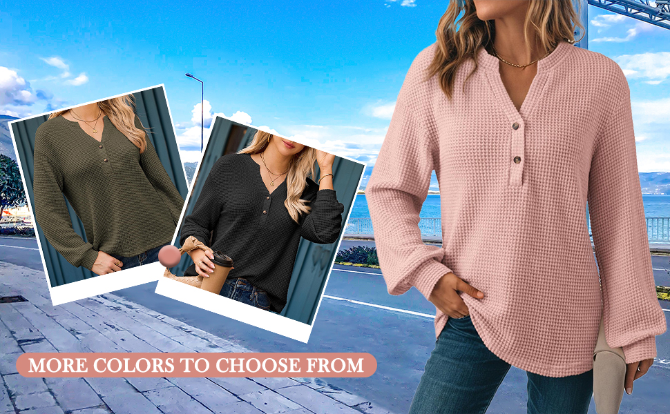 thumbnail video image 2 of NMMUED Waffle Knit Tops for Women, Long Sleeve Shirts for Women, Womens Shirts Dressy Casual, Plain T Shirts for Women, Womens Fall Tops, Green L, 2 of 10