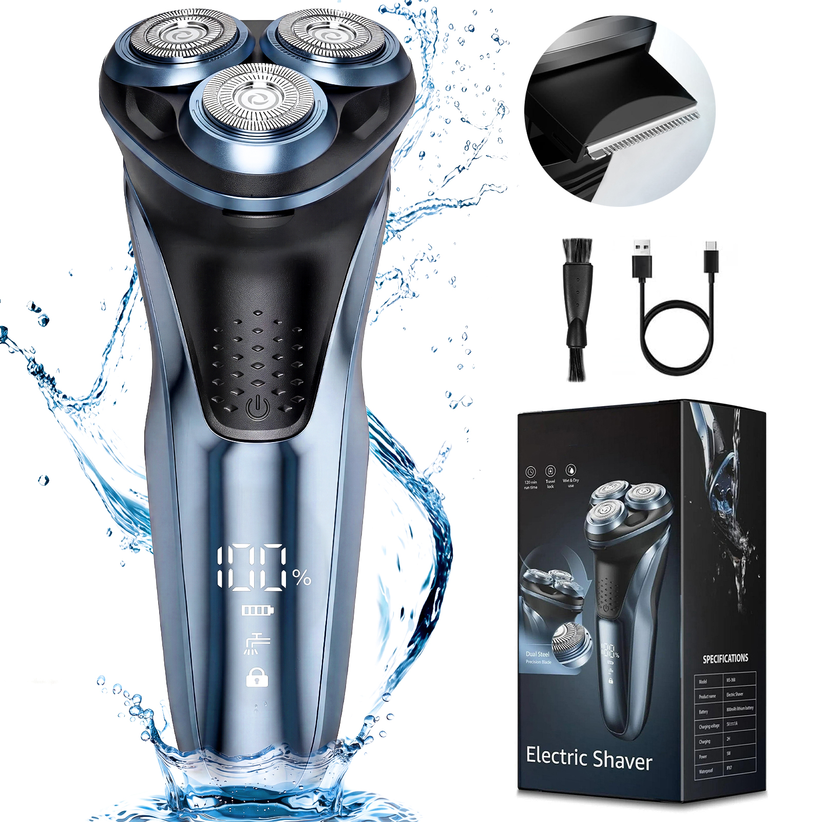 thumbnail video image 2 of Nogroa Electric Shavers for Men, IPX7 Waterproof Cordless Razor with Cleaning Brush, Portable Rechargeable Electric Rotary Beard Trimmer for Home Travel, 2 of 9
