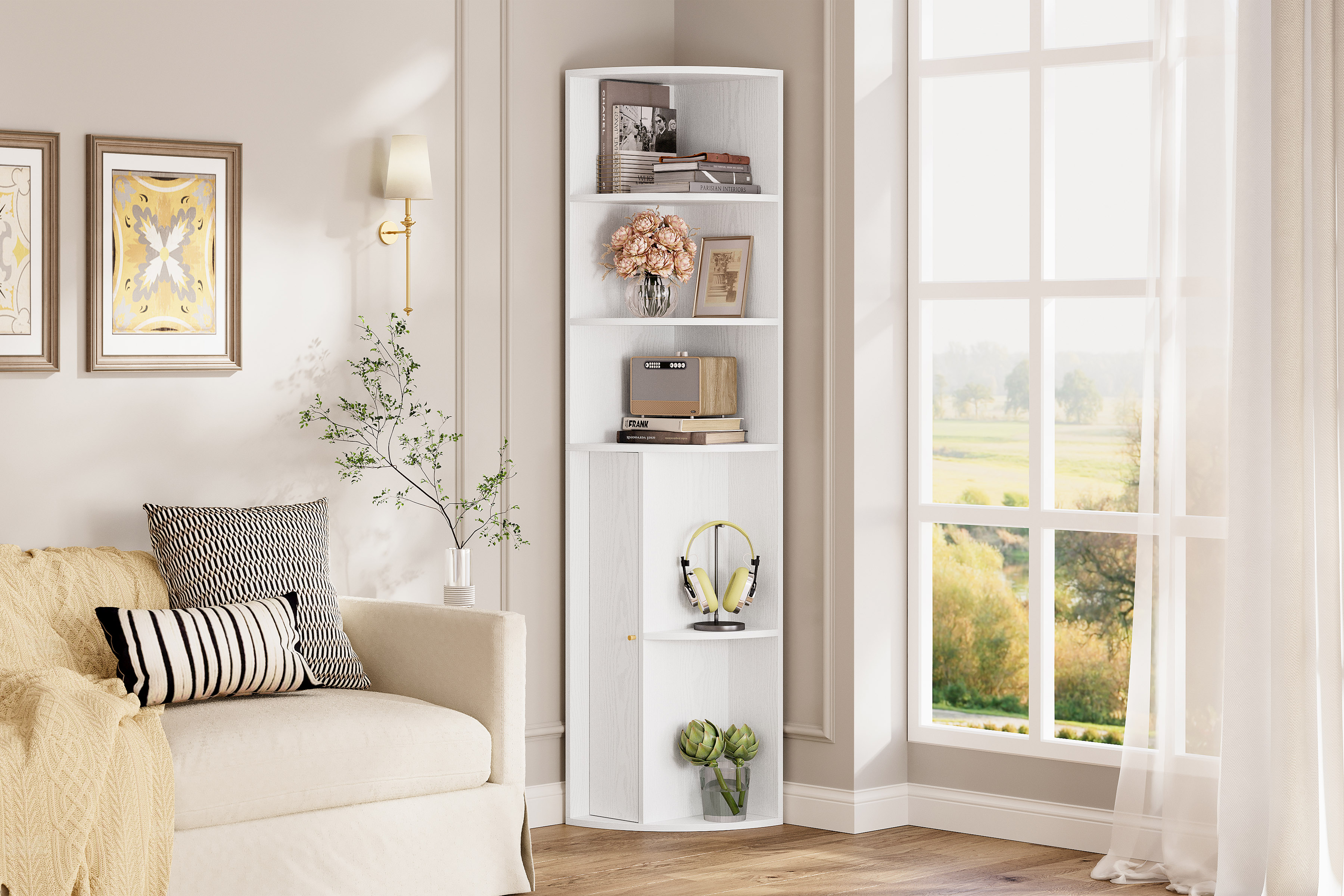 thumbnail video image 2 of IRONCK 71 " Tall Corner Bookshelf, 3 Tier Open Shelf with 1 Corner Cabinet for Home Office, White Bookcase, 2 of 8