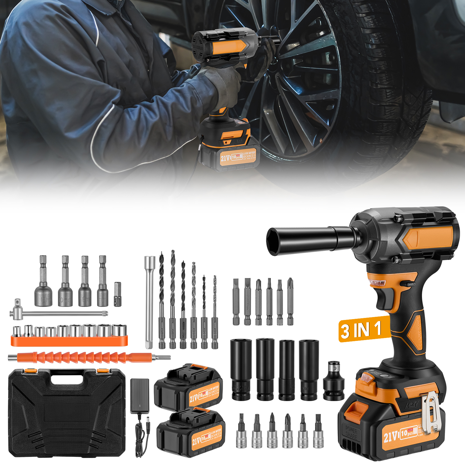 thumbnail video image 2 of SPEEDWOW 443 Ft-lbs (600 N·m) Cordless Impact Wrench, 1/2" Brushless Impact Gun, 21V High Torque Power Driver, 2 x 4.0Ah Batteries, Variable Speeds for Family Car, Pickup Truck, and Mower, 2 of 12