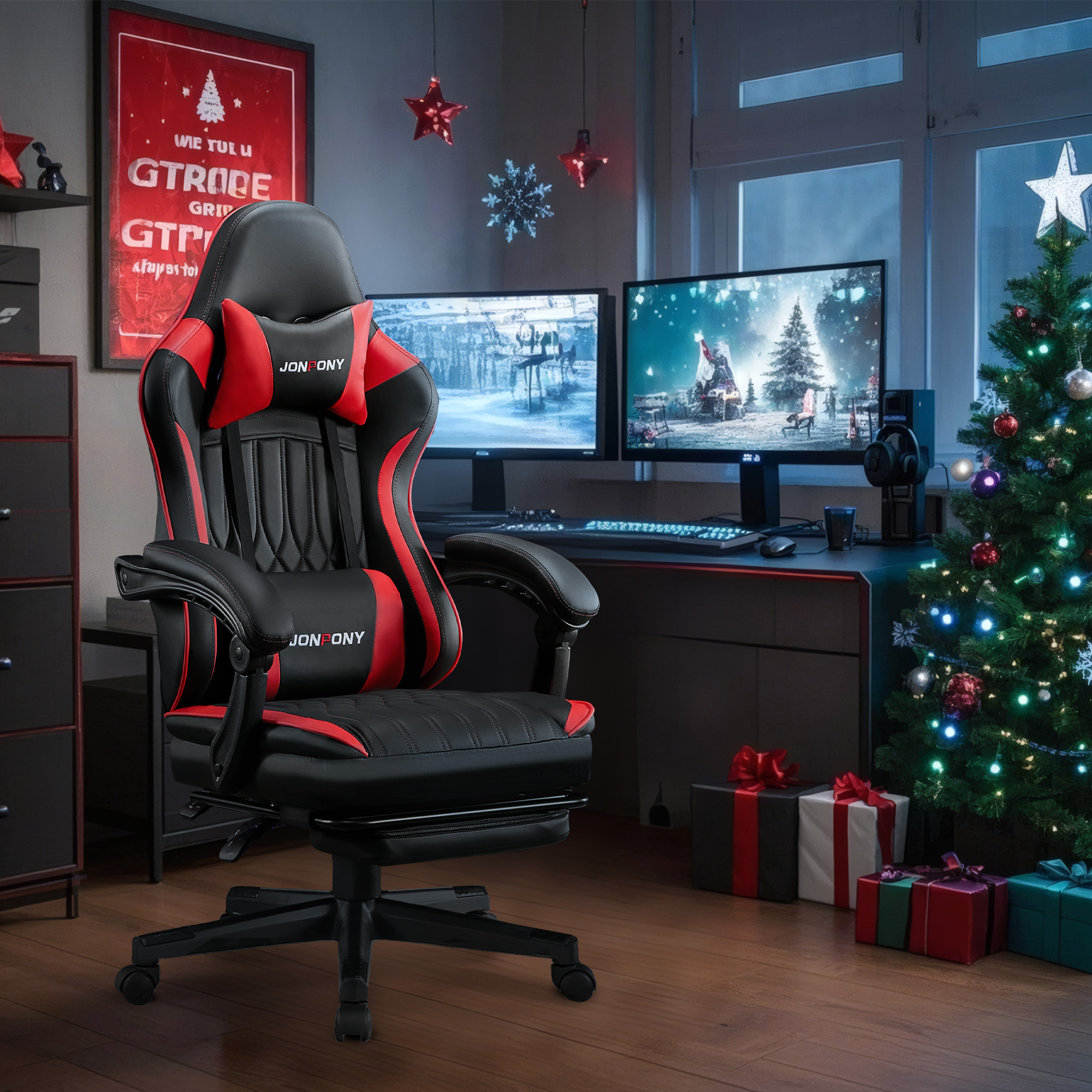 thumbnail video image 2 of JONPONY Big and Tall 400lbs Gaming Chair with Bluetooth Speakers Gamer Chair with Footrest Game Chair with Lumbar Support and 360-Swivel Seat and Headrest for Adults, Red, 2 of 13