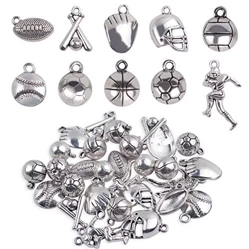thumbnail video image 2 of Ball Games Sports Charms, 30 Pieces Mixed Alloy Sport Theme Baseball Football Basketball Craft Charms Pendants Jewelry Findings Making Accessory for DIY Necklace Bracelet Earring - 10 Styles, 2 of 8
