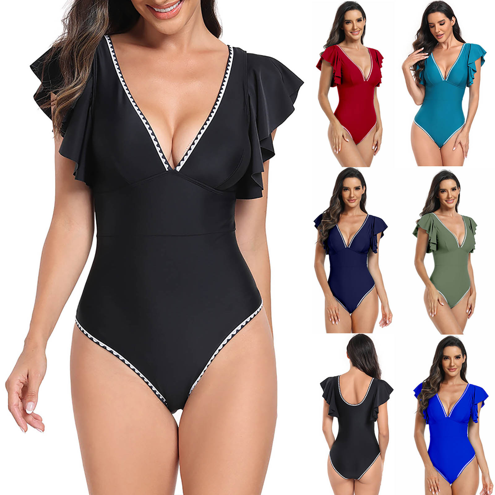 thumbnail video image 2 of WREESH Womens One Piece Swimsuit Solid Color Swim Suits V-Neck Bikini Sports Swimsuit Tight and Quick Drying Swimsuit Sleeveless Bathing Suits Black, 2 of 8