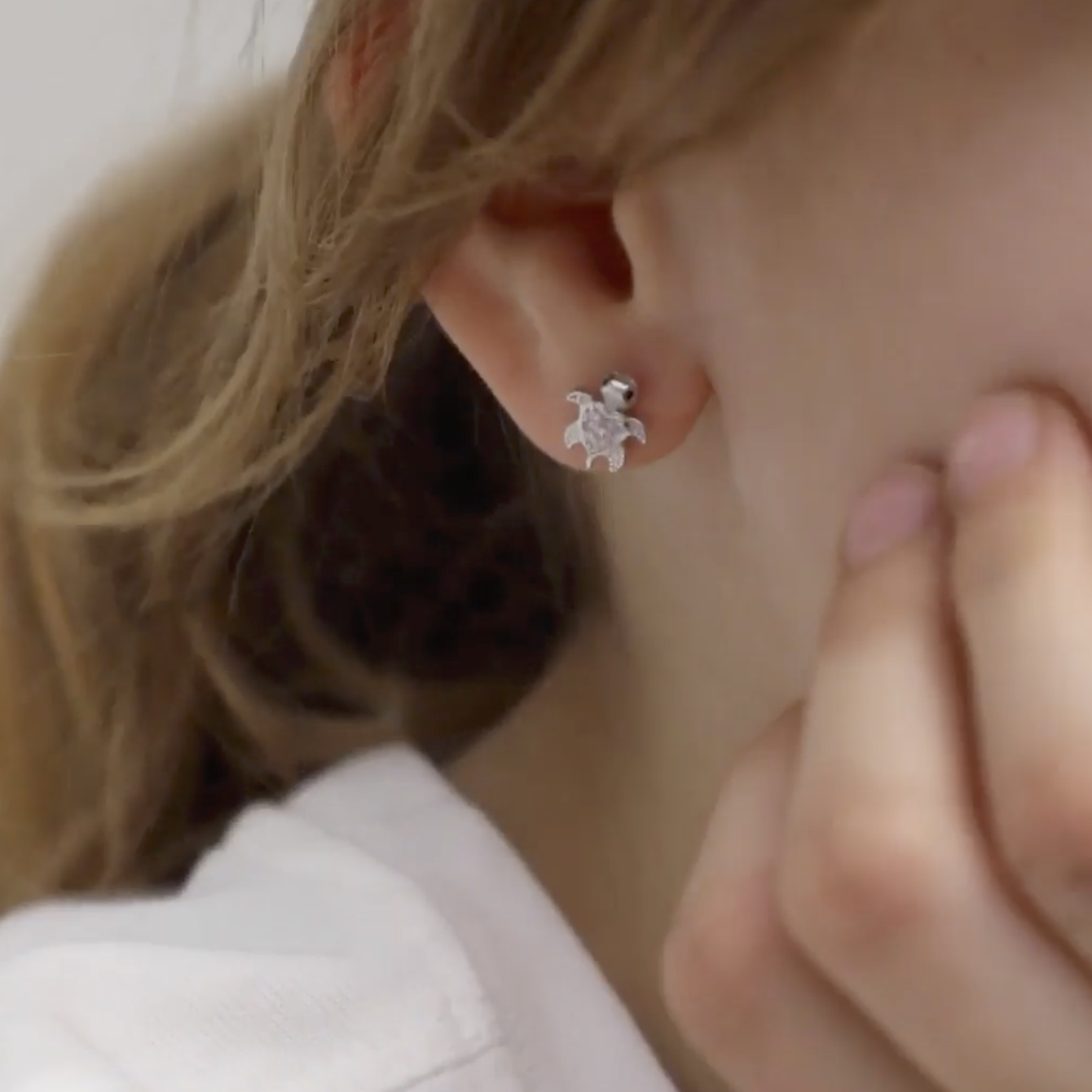 thumbnail video image 2 of 925 Sterling Silver Green Cubic Zirconia Turtle Screw Back Earrings for Girls, 2 of 8