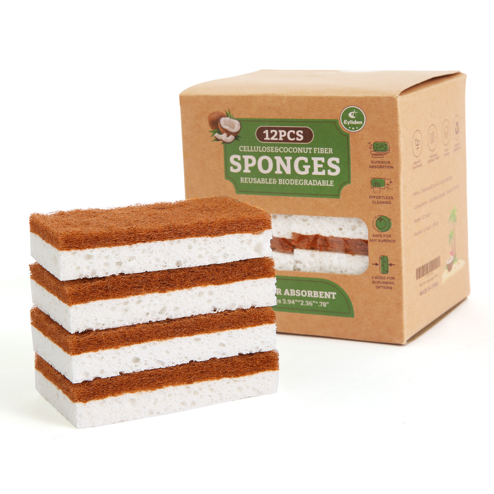 thumbnail video image 2 of Eyliden  Dual-Sided Natural Cellulose Sponges - Coconut Fiber Scrub for Dishes, 12 Pack, 2 of 8