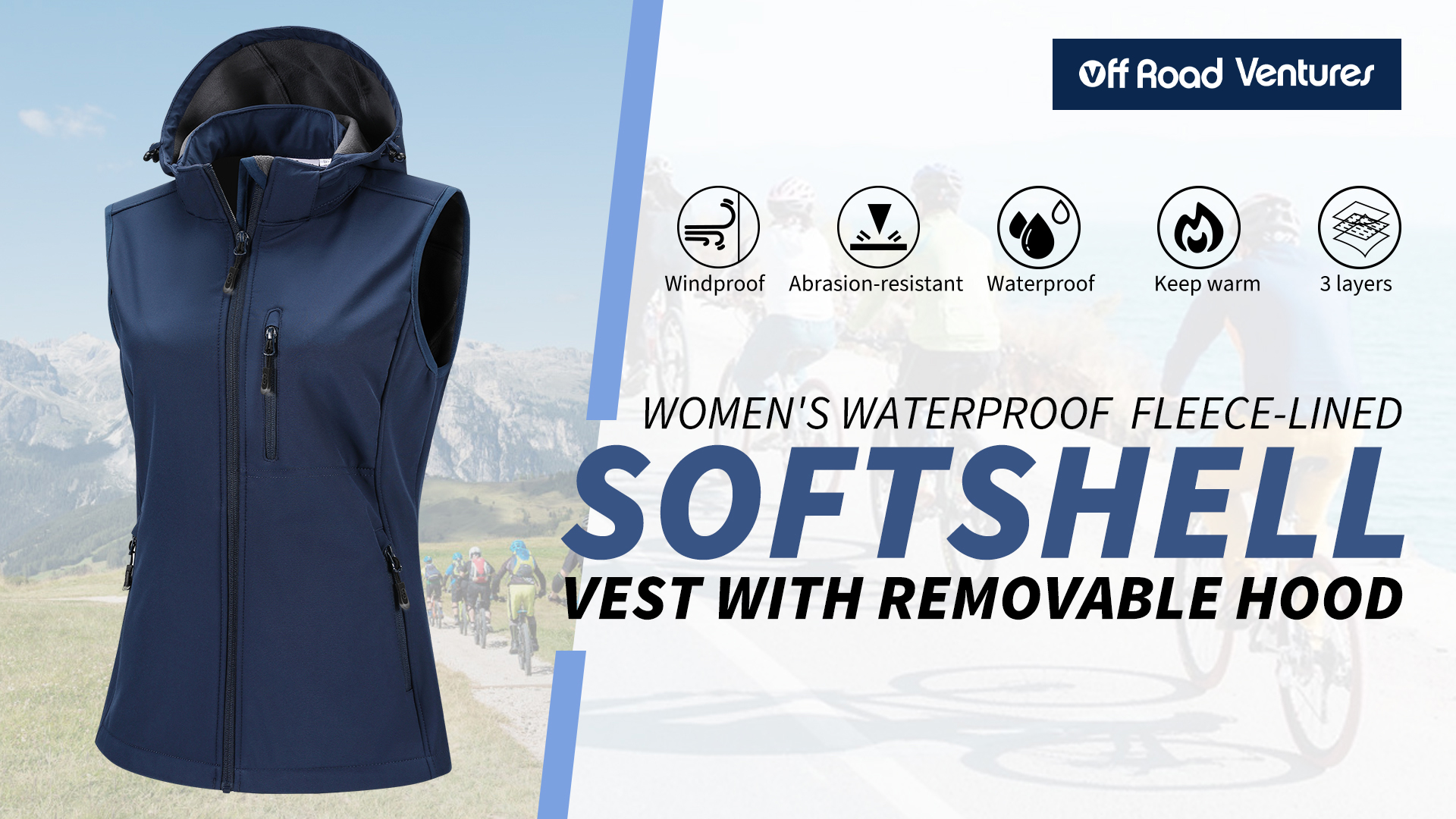 thumbnail video image 2 of Off Road Ventures Women's Hooded Softshell Vest Lightweight Waterproof Sleeveless Fleece Lined Jacket Outerwear Cycling, 2 of 7