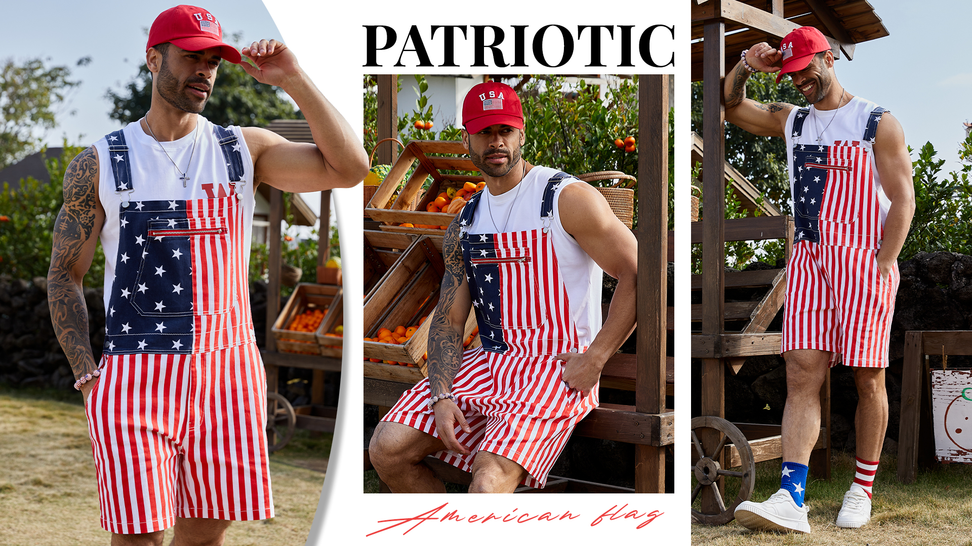 thumbnail video image 2 of 250th Anniversary American Flag Overalls Denim Bib Jumpsuit Shorts Jean Romper for Men(Red White and Blue,S), 2 of 10