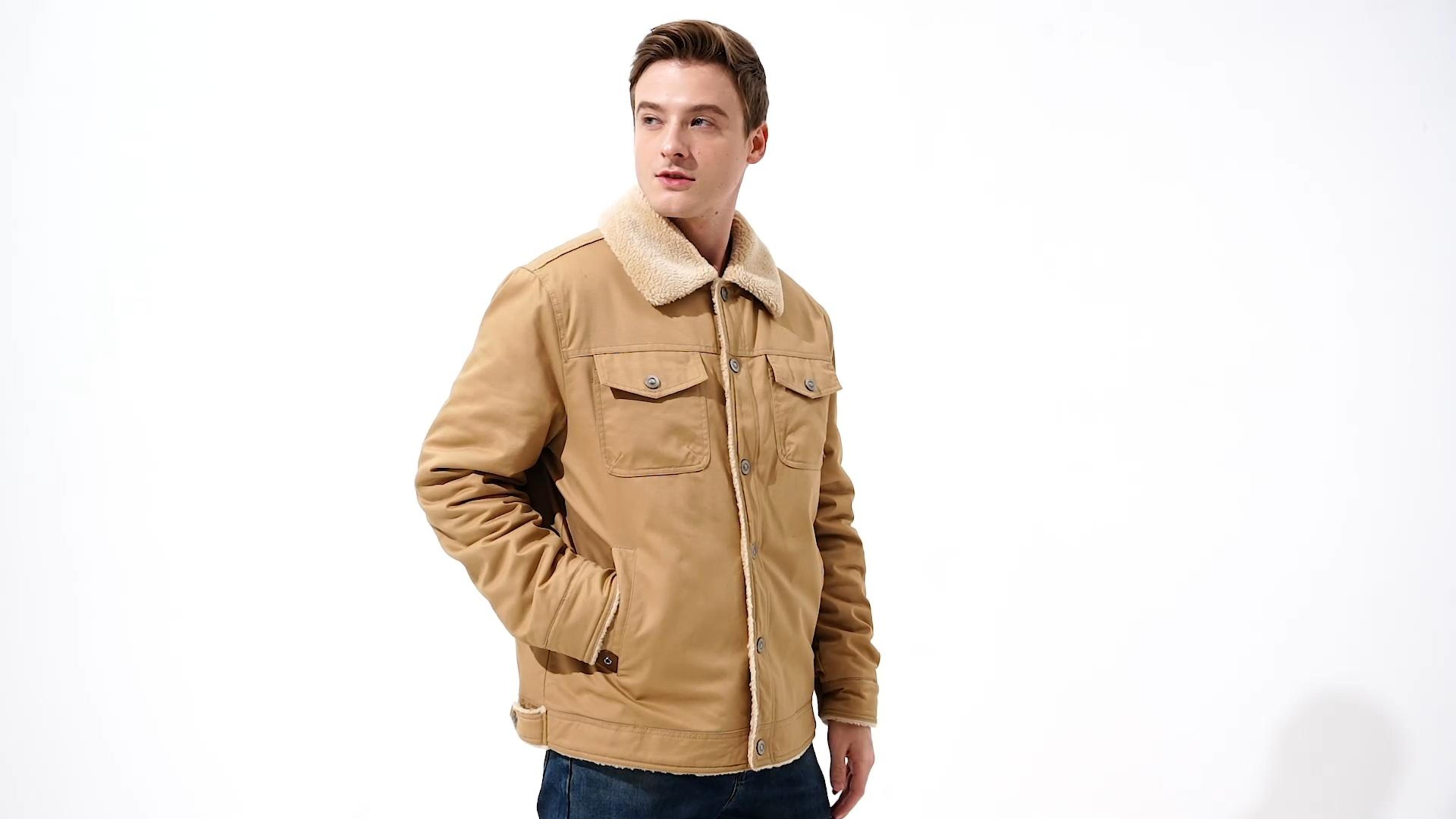 thumbnail video image 2 of MANSDOUR Men's Winter Fleece lined Jacket Cotton Warm Sherpa Cargo Jackets Thermal Lapel Trucker Work Coat Navy Blue XXL, 2 of 7