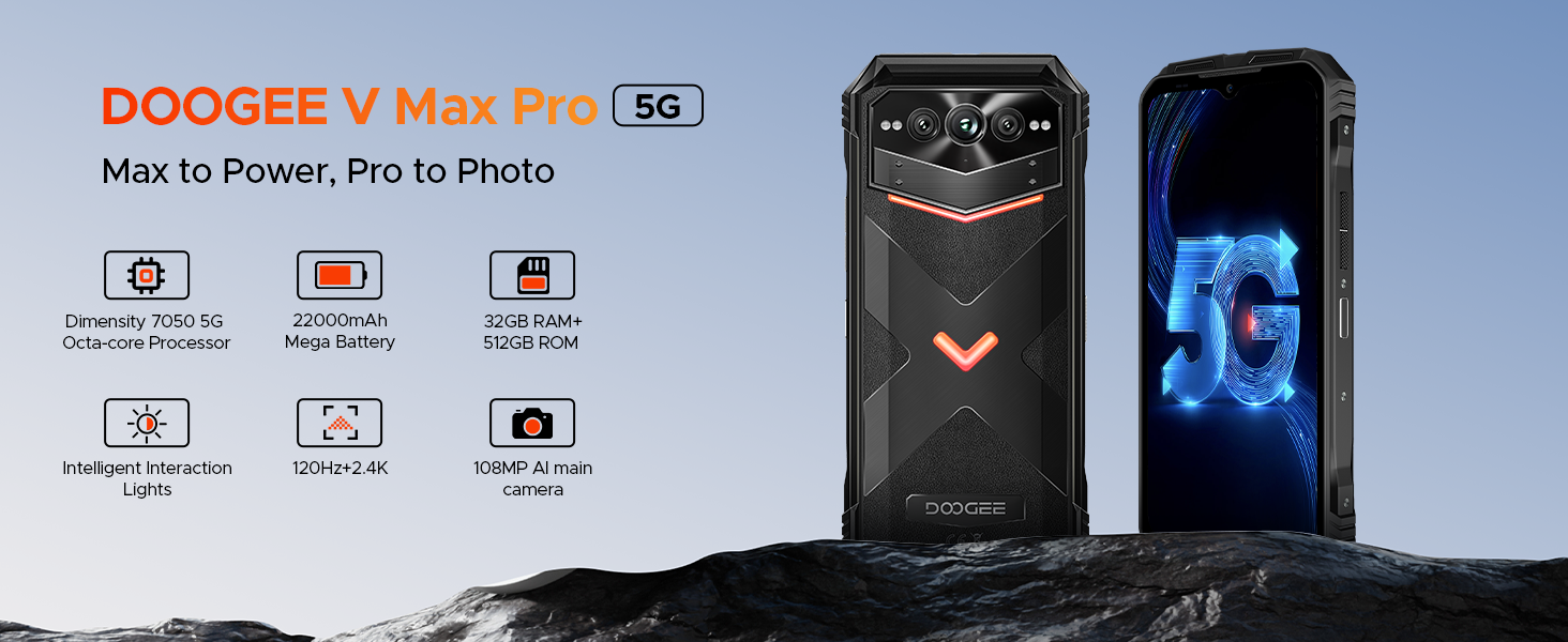 thumbnail video image 2 of DOOGEE V MAX Pro(2025) 5G Rugged Phone, 22000mAh, 32GB+512GB/TF 2TB, Android 14 Rugged Smartphone, 108MP+20MP Night Vision Phone, 6.58" FHD+ 120Hz, IP68/IP69K Waterproof Phone, NFC/OTG/Face ID, 2 of 10