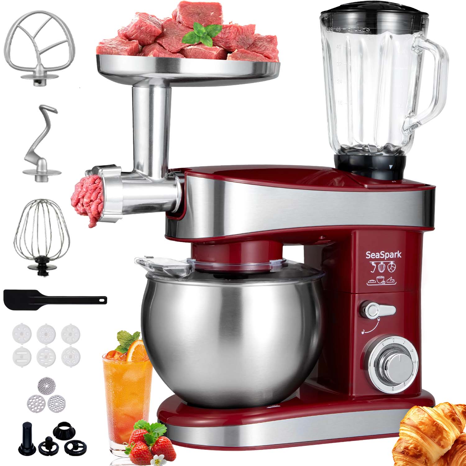thumbnail video image 2 of 5 in 1 Multifunctional Stand Mixer, 6.3 QT Stainless Steel Bowl, Meat Grinder, Juice Blender, Egg Beater, 400W, 6 Speed, Red, 2 of 9