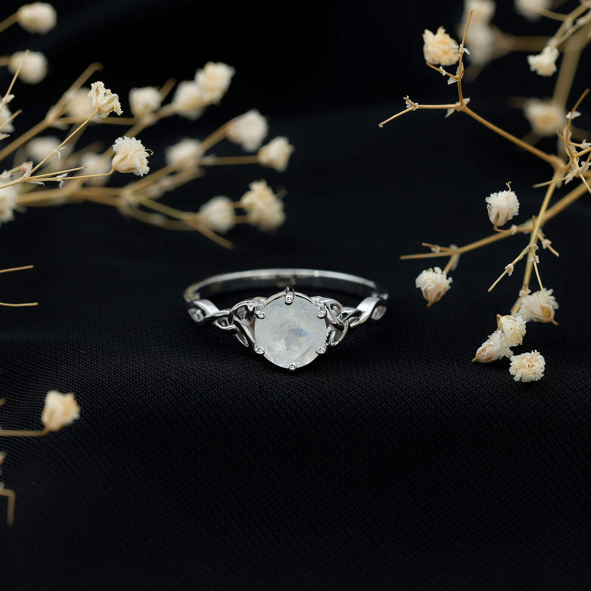 thumbnail video image 2 of Rosec Jewels Solitaire Moonstone Celtic Knot Ring for Women (8 mm, AAA Quality), 18K White Gold, US 7.50, 2 of 7