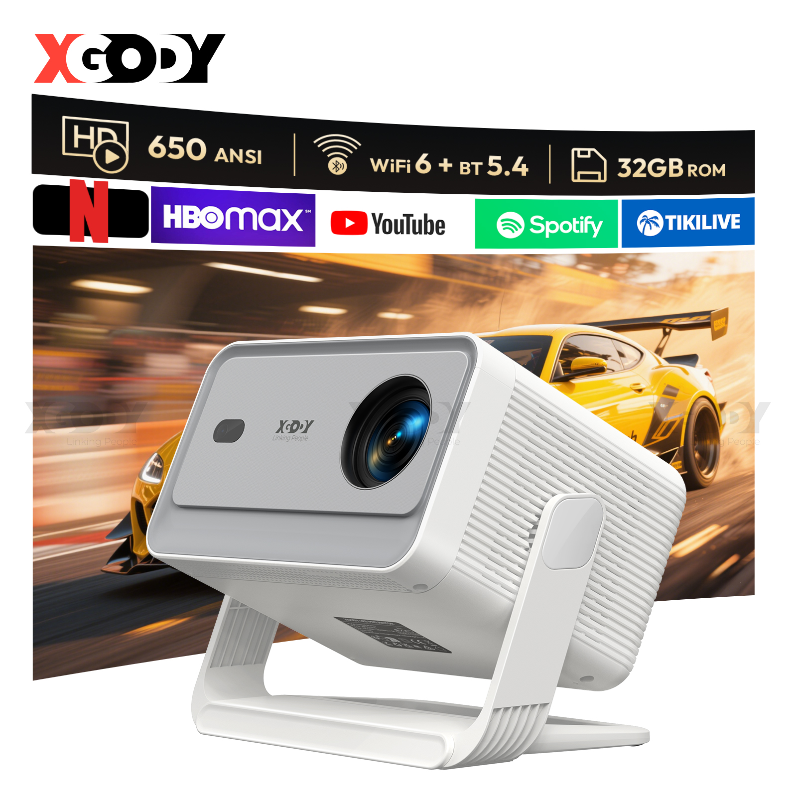 thumbnail video image 2 of XGODY A6 Pro 1080P 650 ANSI Smart Projector with WiFi and Bluetooth, Auto Focus Aspect Ratio 16:9 for Outdoor Camping/Gaming, 1.3KG White, 1 Count., 2 of 12