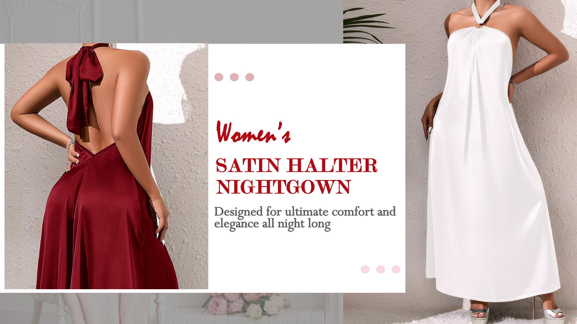 thumbnail video image 2 of Women's Satin Nightgown Dress Silk Long Halter Nightdress Backless Sleeveless Pajama Sleepwear Soft Comfort Nightwear Lingerie Red M, 2 of 7