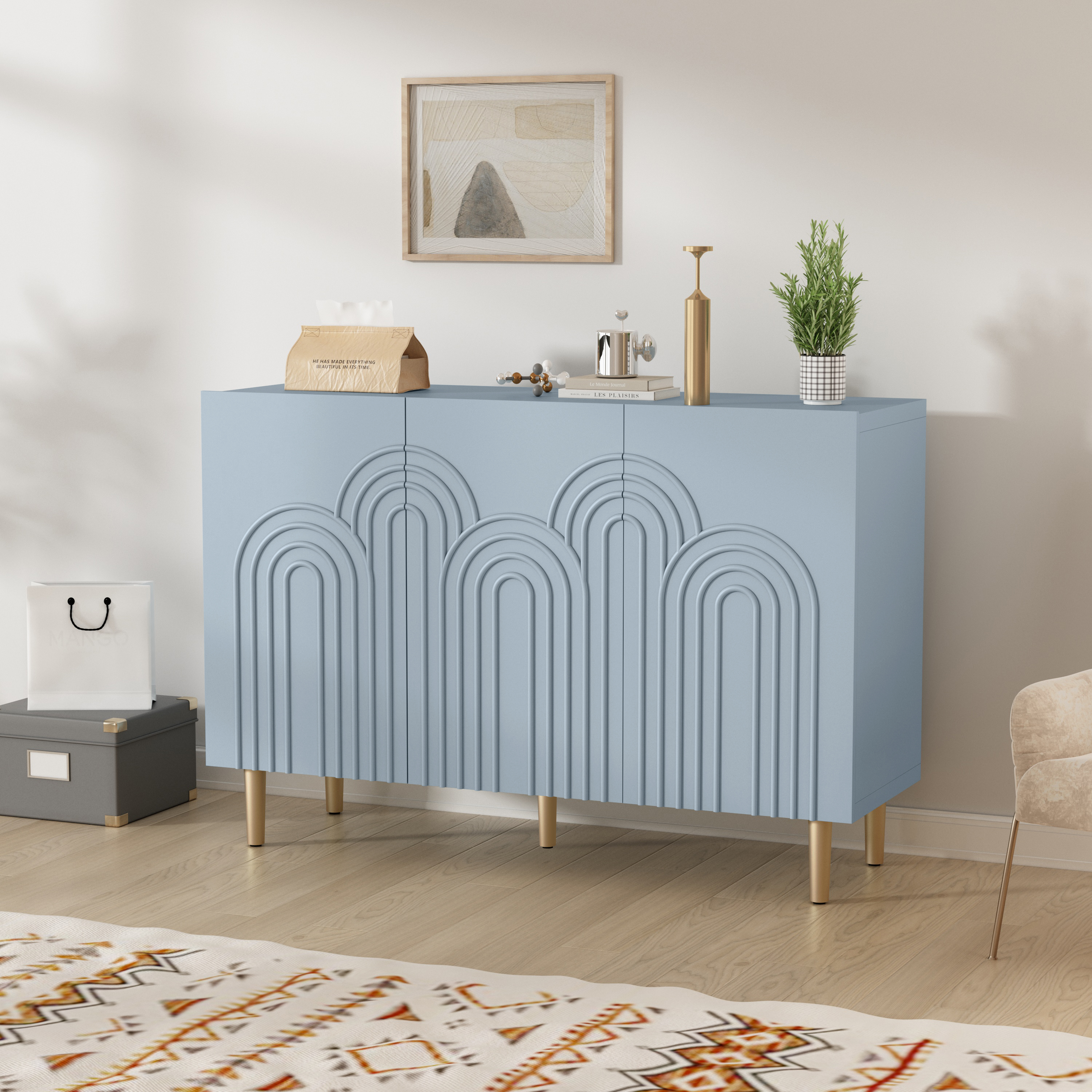 thumbnail video image 2 of HLR 47" Modern Wood Accent Storage Cabinet with Relief Patterned 3 Doors Buffet Cabinet, Blue, 2 of 9