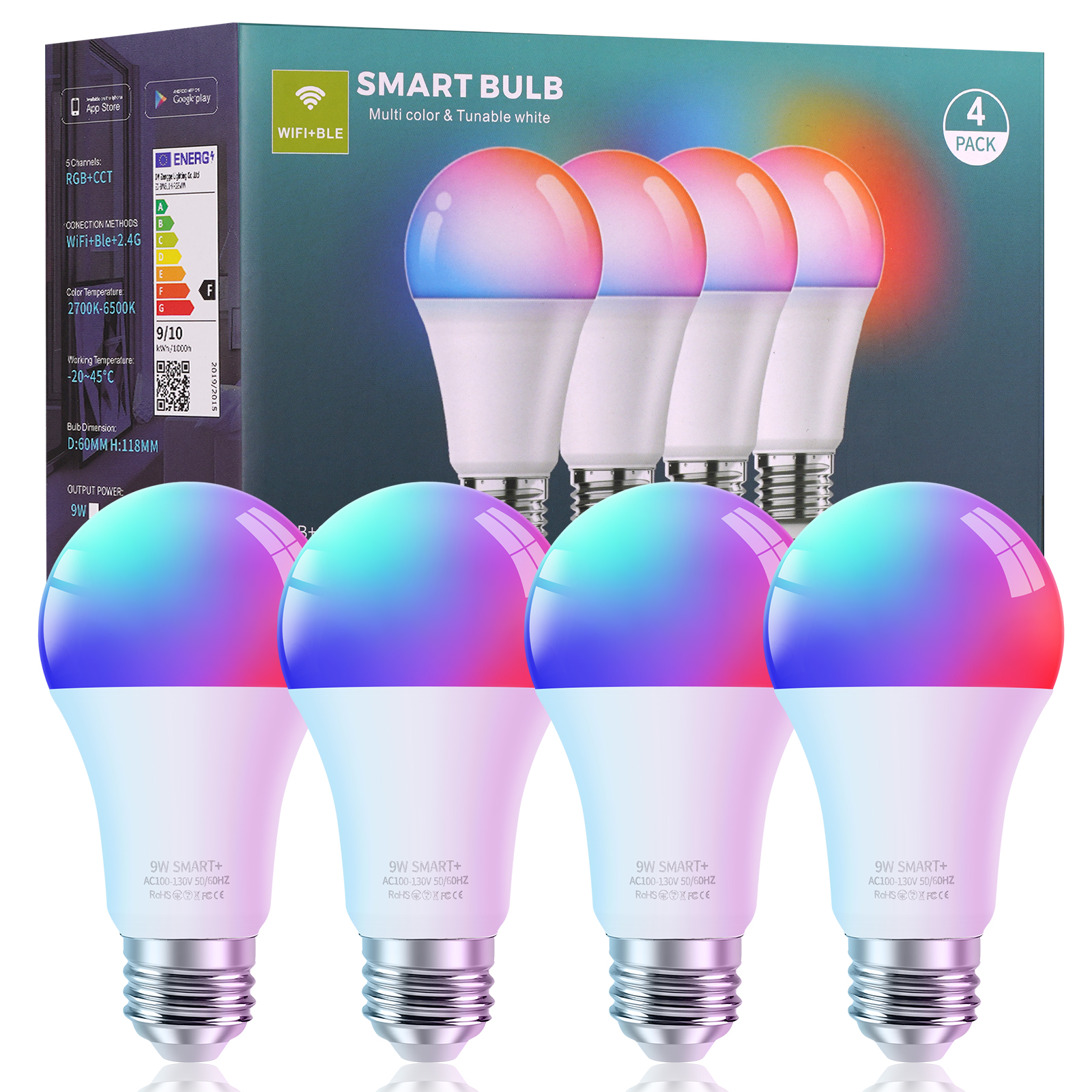 thumbnail video image 2 of FRIDEKO HOME A19 Smart LED Light Bulbs, WiFi + Bluetooth, RGBWW Color Changing, 800lm, E26 Base, 9W (60W Eqv), Smart Light Bulbs Work with Alexa, Google Home, Smartthings, Music Sync, 4 Pack, 2 of 10