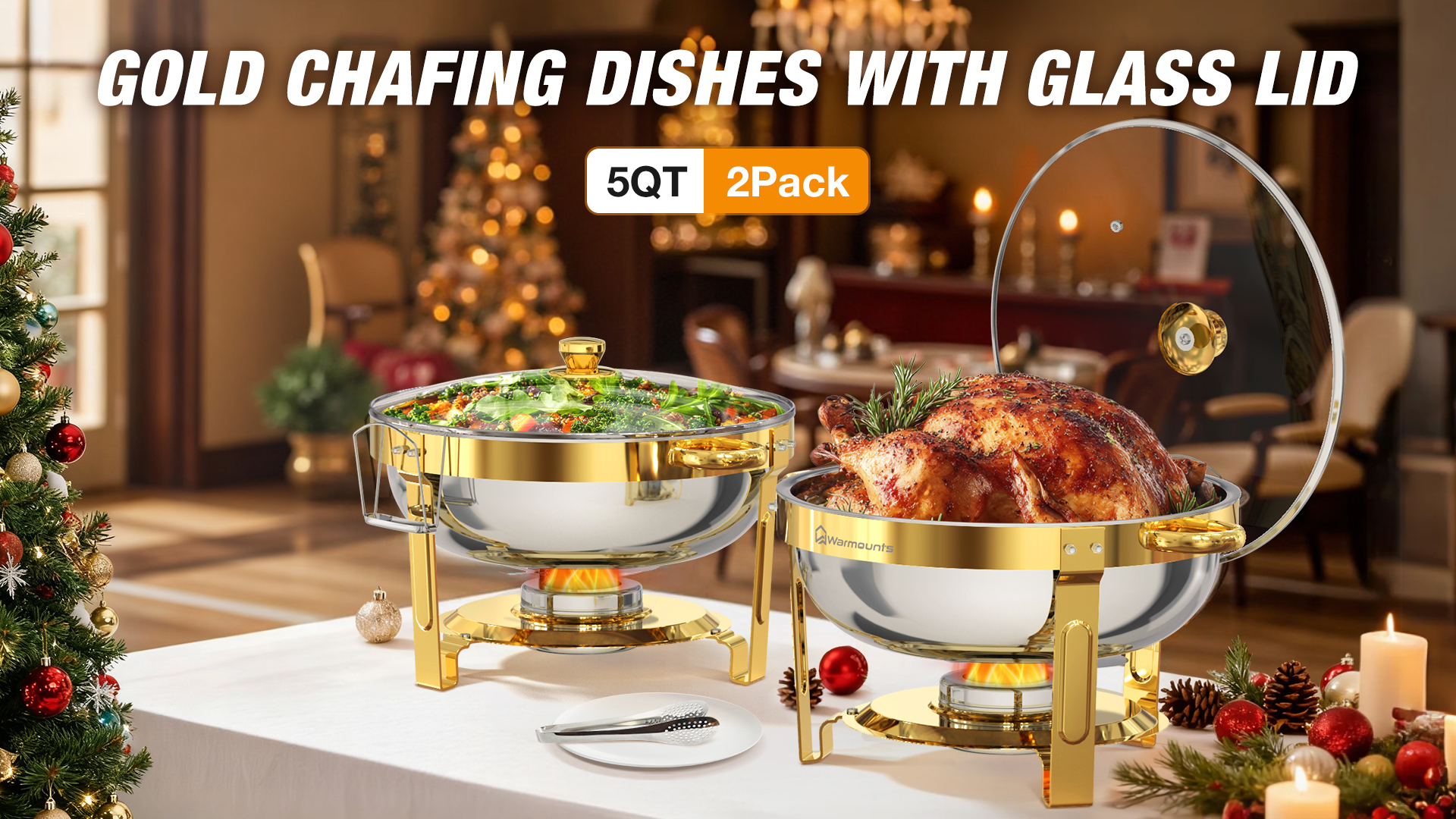 thumbnail video image 2 of WARMOUNTS Gold Chafing Dishes for Buffet 2 Pack, Stainless Steel Chafing Dish Buffet Set 5QT, Round Chafing Dishes with Glass Lid & Holder, Mirror-Polished No Finger Cuts for Party Events Wedding, 2 of 11