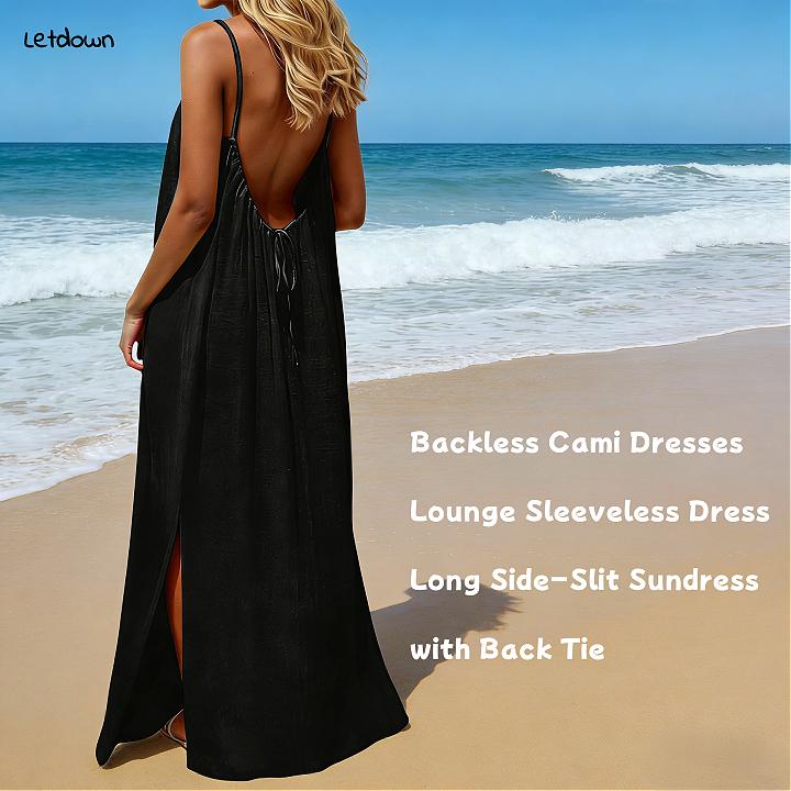 thumbnail video image 2 of Letdown Backless Cami Dress for Women 2026 Summer Sleeveless Spaghetti Strap Flowy Beach Long Sundress with Back Tie, 2 of 8