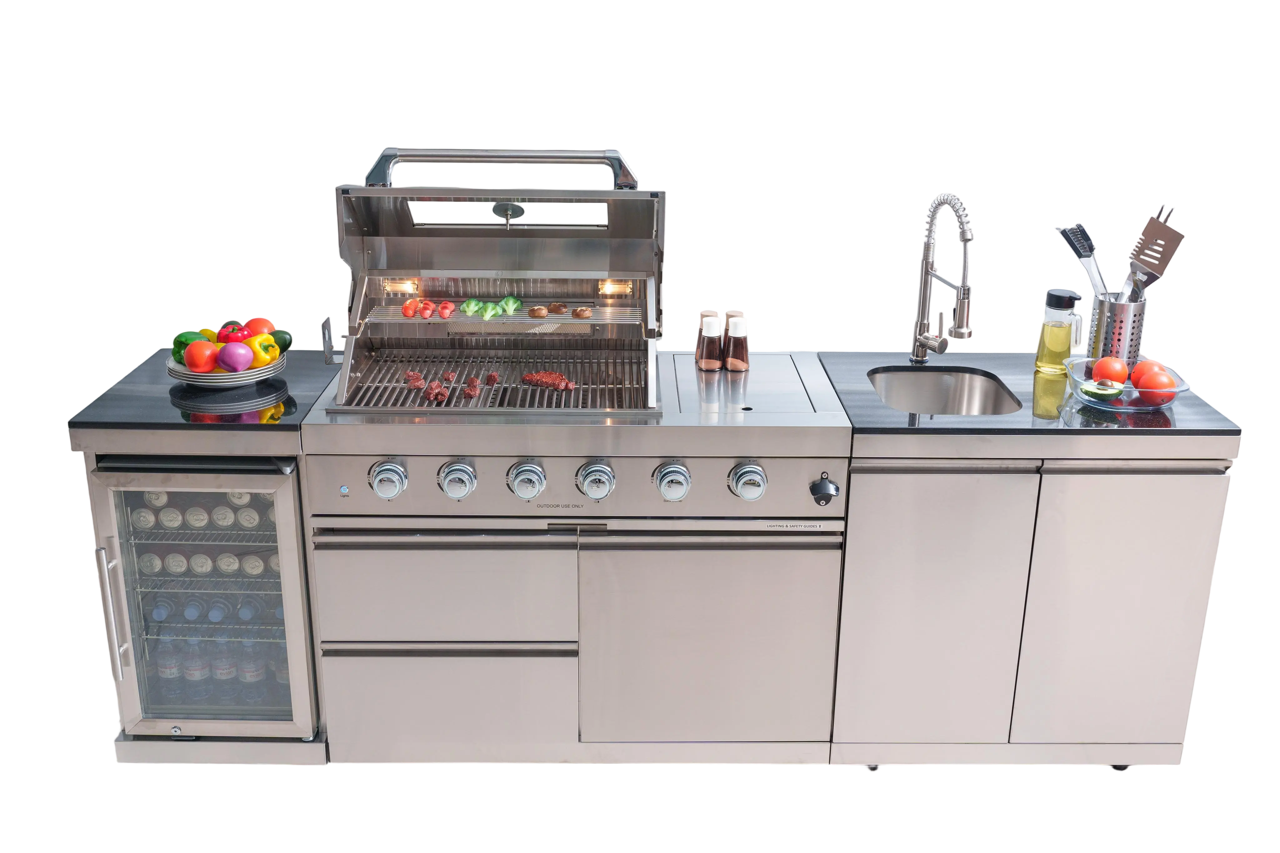 thumbnail video image 2 of 98-Inch Outdoor Kitchen Island with 4-Burner Gas Grill, 72000 BTU Deluxe Stainless Steel Gas BBQ Bar, Black Granite Countertop, Built-in Wine Cooler Refrigerator, Rotisserie Kit & Storage Cabinets, 2 of 38