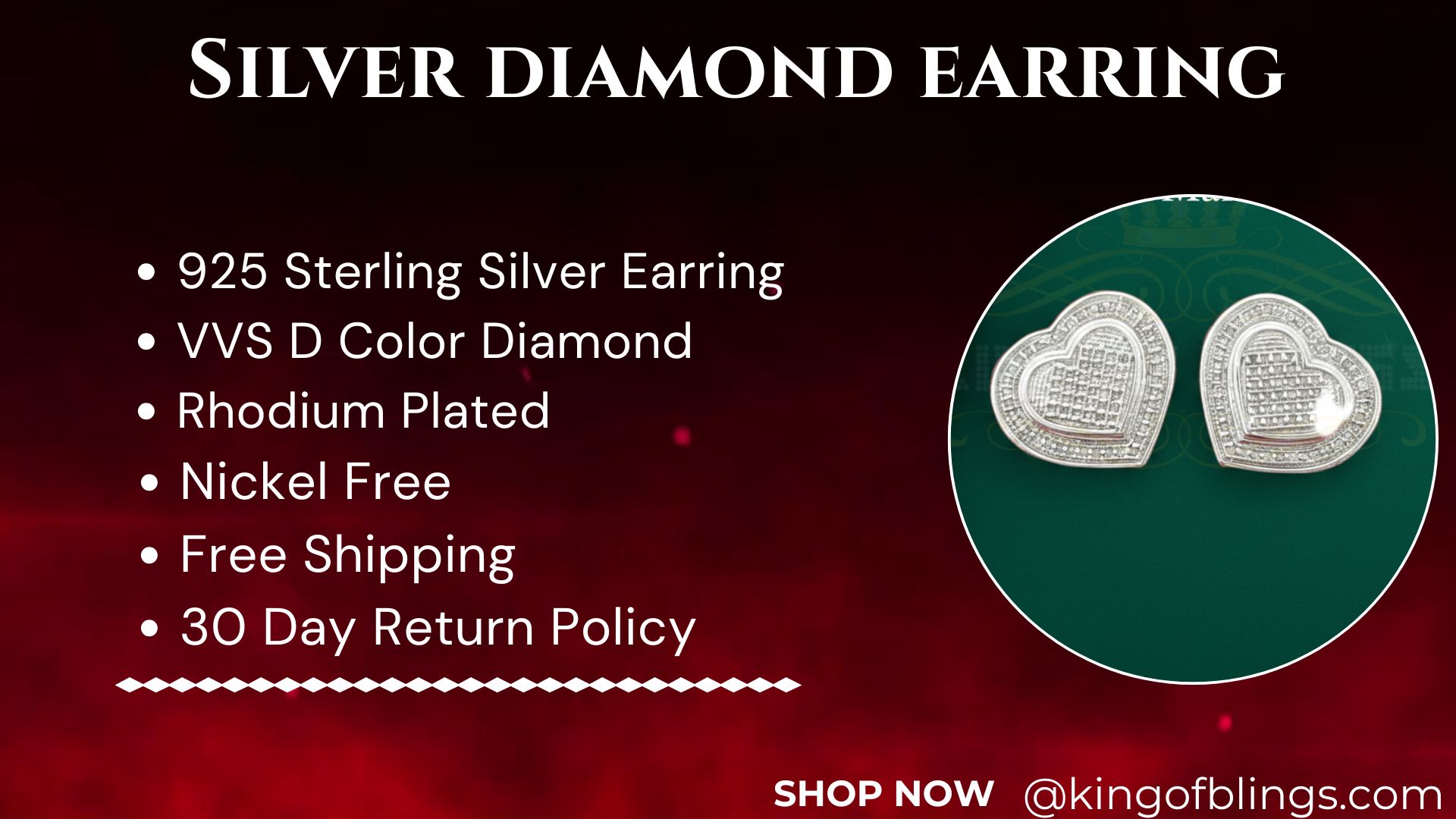 thumbnail video image 2 of King of Bling's Aretes Para Hombre 925 White Silver 0.33ct Diamond Women's Heart Style Earrings, 2 of 12