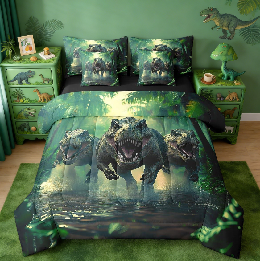 thumbnail video image 2 of Manfei Cartoon Ancient Dinosaur 7 Pieces Bedding Comforter Set,3D Dino Print Jungle Dino Full Bedding Set Wild Animal Bedroom Decor Reversible, 2 of 8