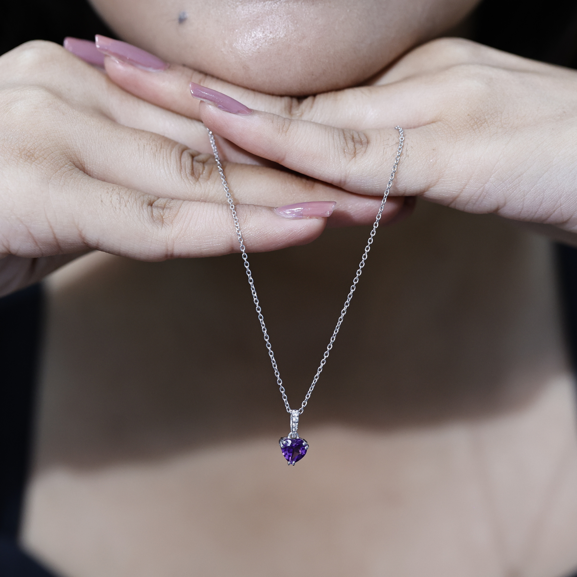 thumbnail video image 2 of Rosec Jewels Heart Shape Amethyst Solitaire Pendant with Diamond for Women (6 mm), 925 Sterling Silver, 2 of 8