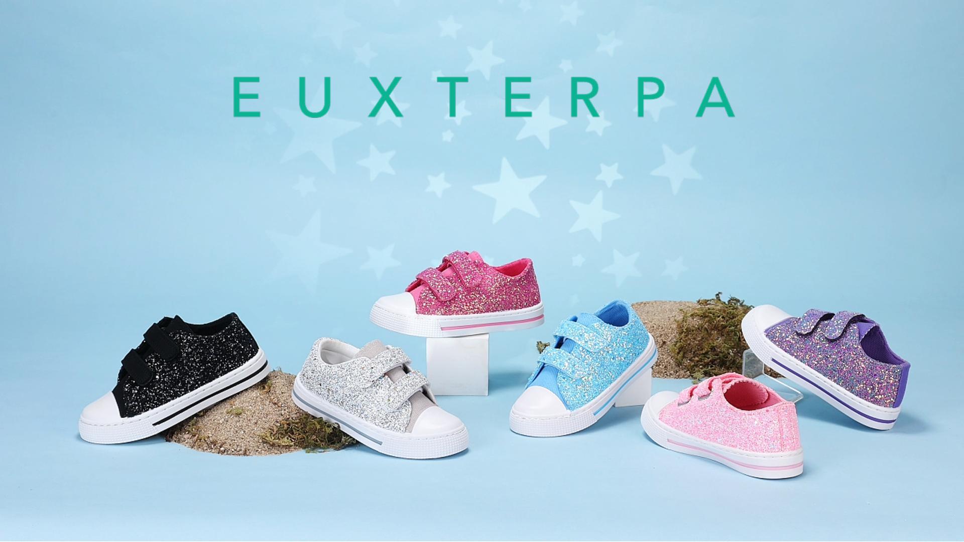 thumbnail video image 2 of EUXTERPA Girls Black Glitter Shoes Toddler Casual Walking Sneakers with Hook and Loop Big Kid Size 1, 2 of 7