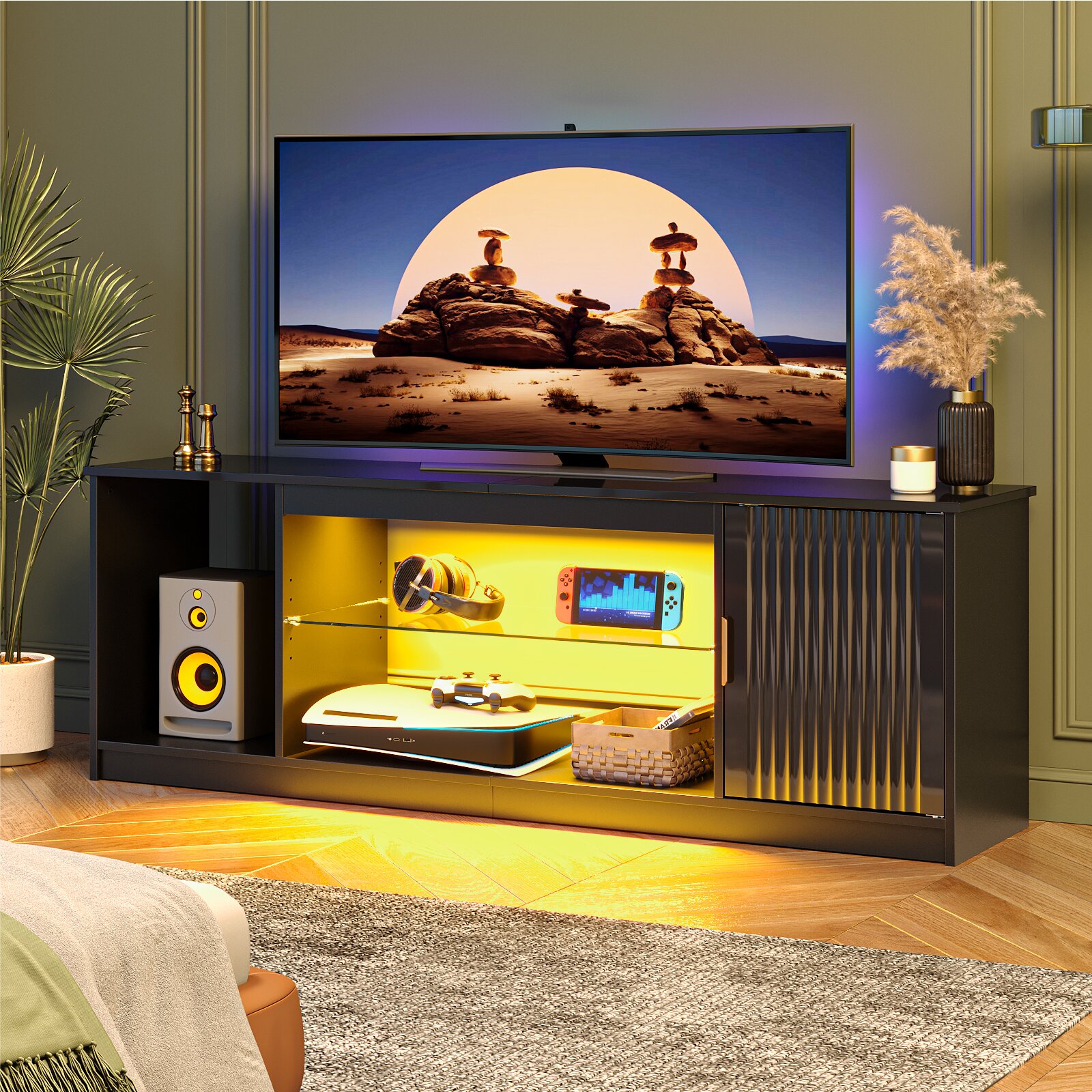 thumbnail video image 2 of Bestier High Glossy TV Stand for 65 inch TVs with LED Lights, Fluted Entertainment Center with Storage Cabinet & Shelves,TV Console Table for PS5,White, 2 of 8