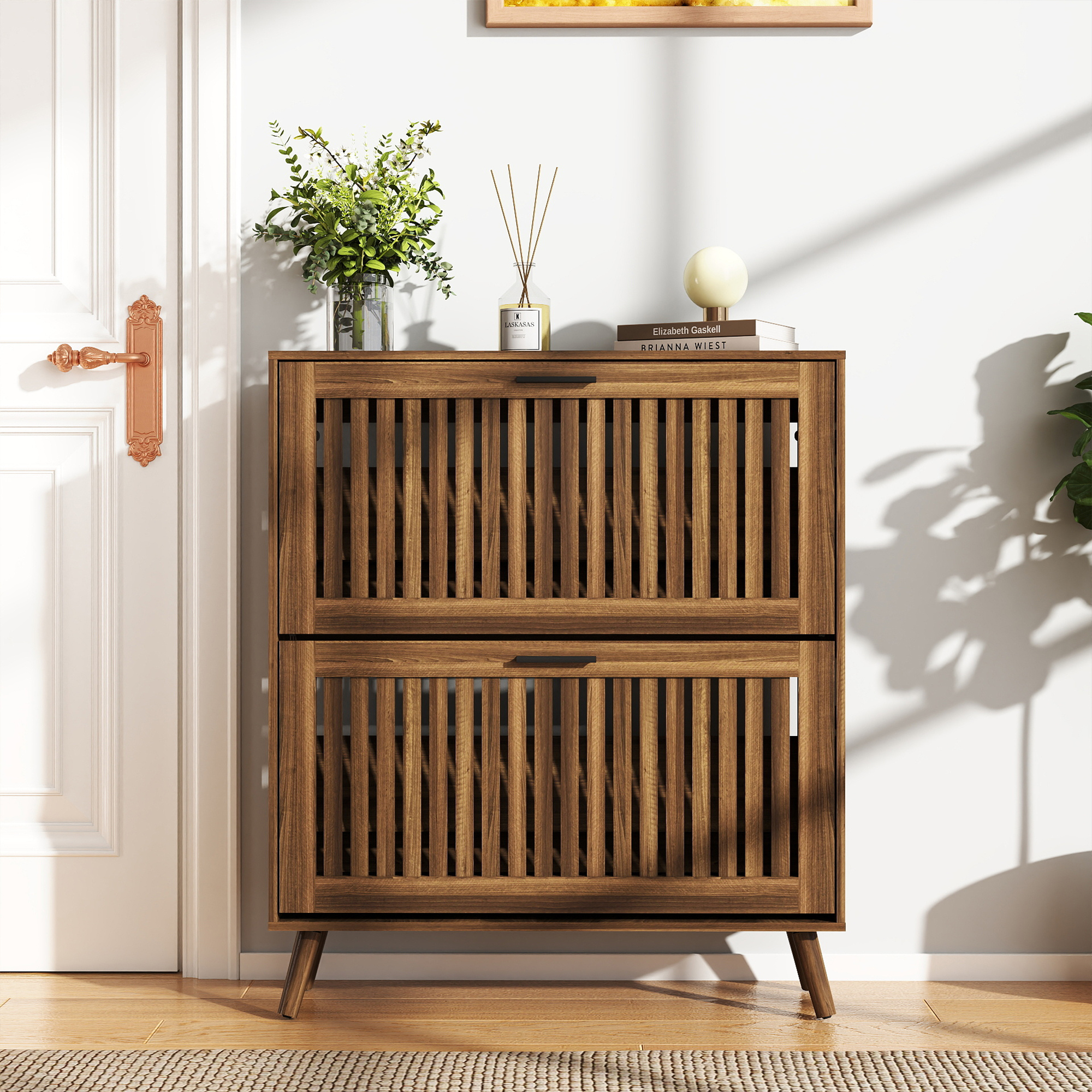 thumbnail video image 2 of Kadyn Large Farmhouse Shoe Cabinet with 2 Flip Up Drawers, 31.5" Shoe Storage Cabinet with Adjustable Shelves & Anti-Tip Device, Entryway Hallway Organizer for Living Room Home, Walnut, 2 of 17