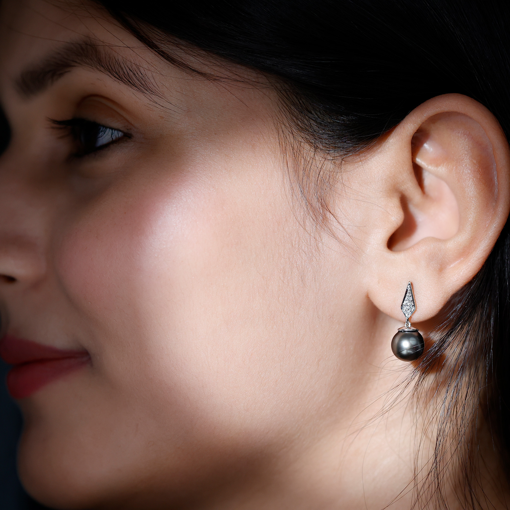 thumbnail video image 2 of Rosec Jewels 9.25 CT Diamond Earrings with Tahitian Pearl Drop, Pearl and Diamond Art Deco Earrings, Pearl Earrings with Diamond in Illusion Setting, 10K White Gold, 2 of 7