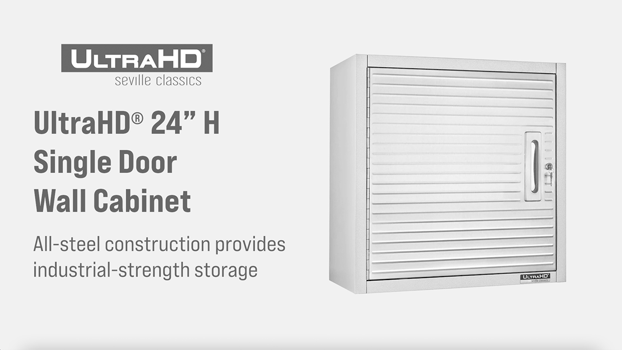 thumbnail video image 2 of Seville Classics UltraHD Heavy-Duty Lockable Wall Storage Cabinet with Stainless Steel Doors, 2 of 6