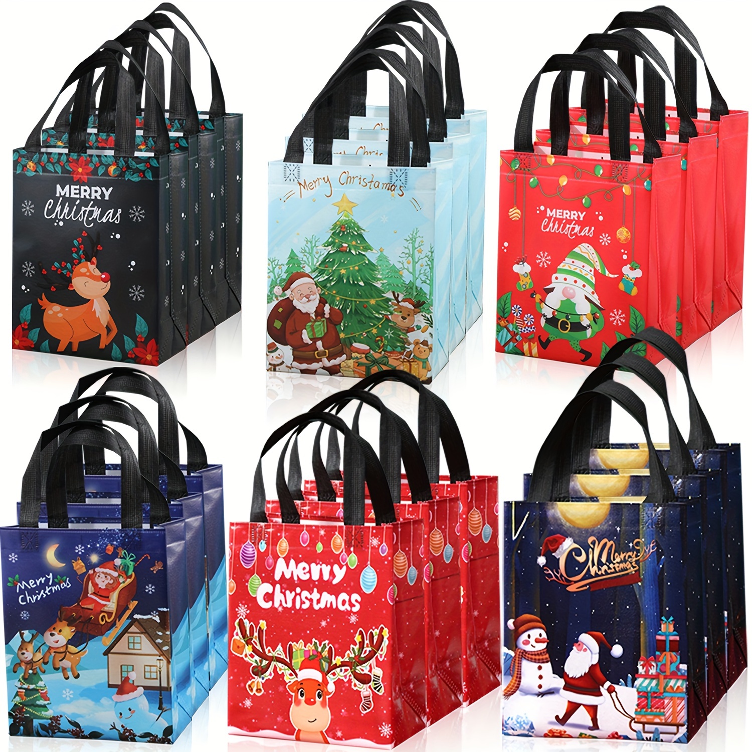 thumbnail video image 2 of 18 Pack Christmas Gift Bags, Reusable Tote Bags with Handle, Non-Woven Christmas Bags for Xmas Party Favors, 10"x7.8"x4", 2 of 10