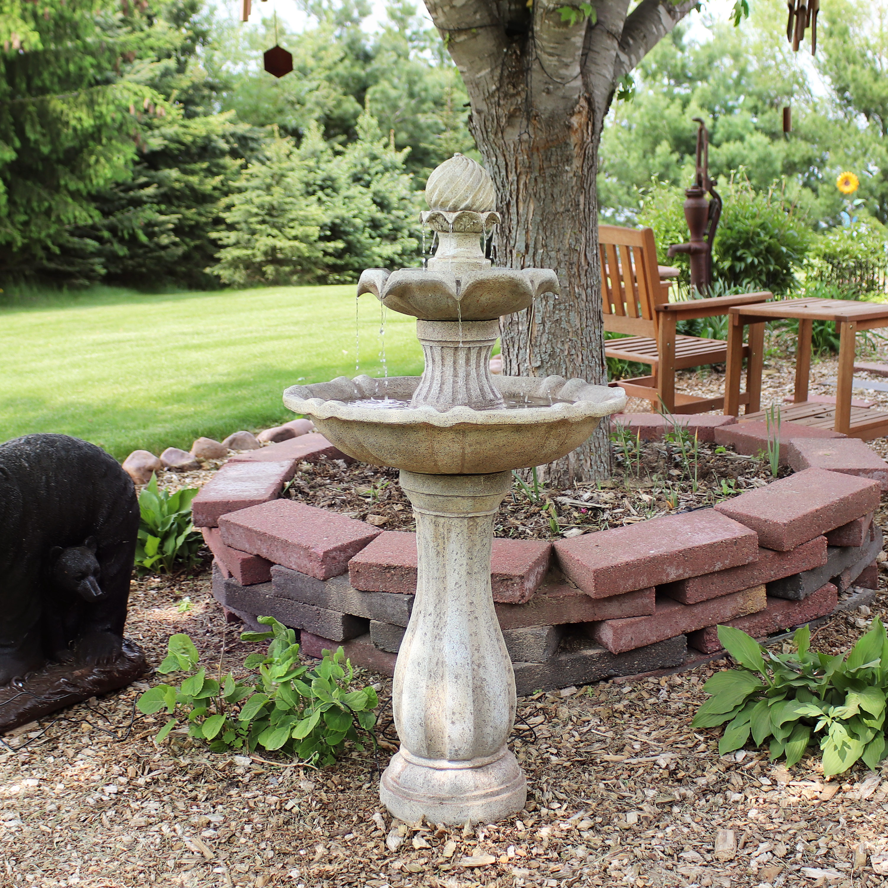 thumbnail video image 2 of Sunnydaze Pineapple Traditional Black 2-Tier Solar Fountain with Battery, 2 of 15